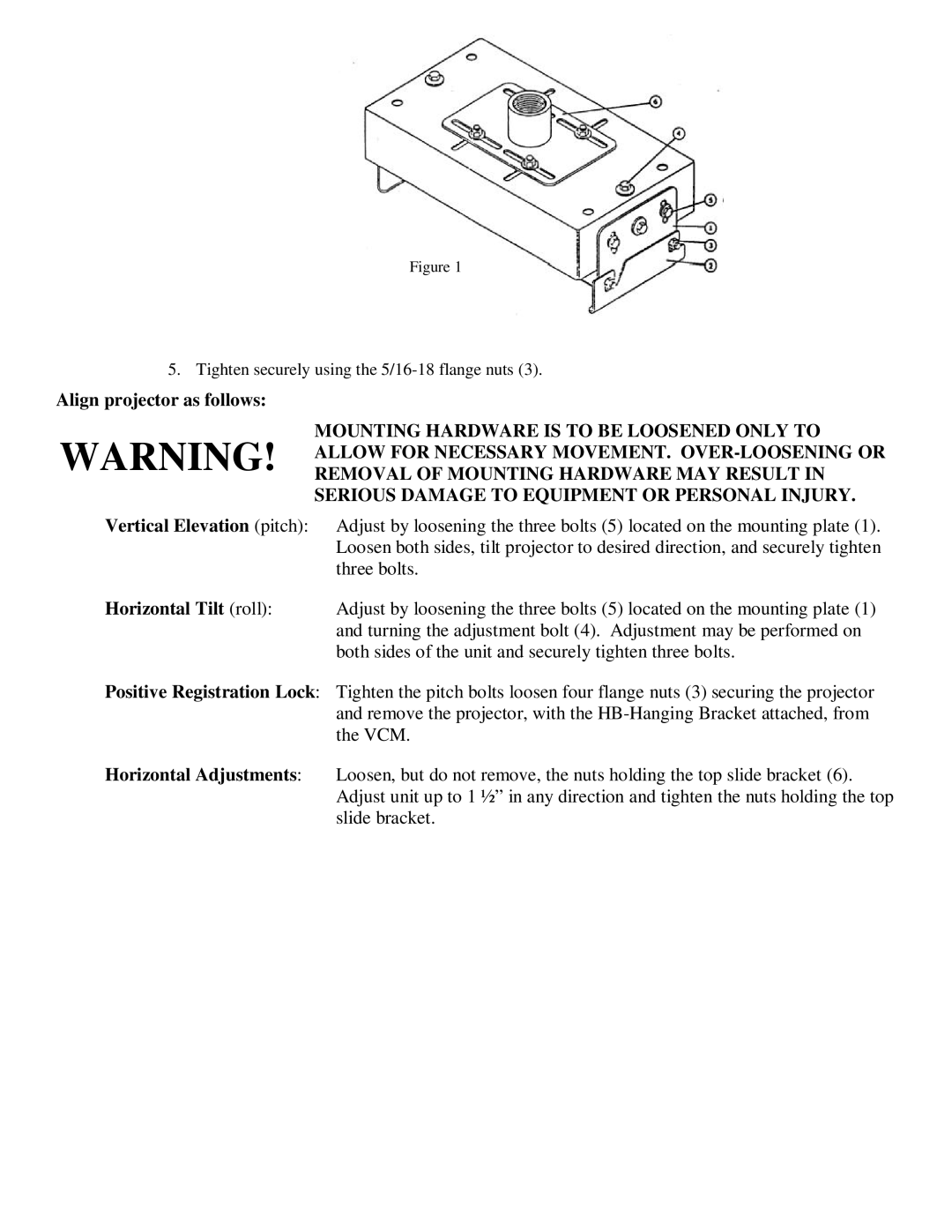 Chief Manufacturing VCM Align projector as follows, Vertical Elevation pitch, Horizontal Tilt roll 