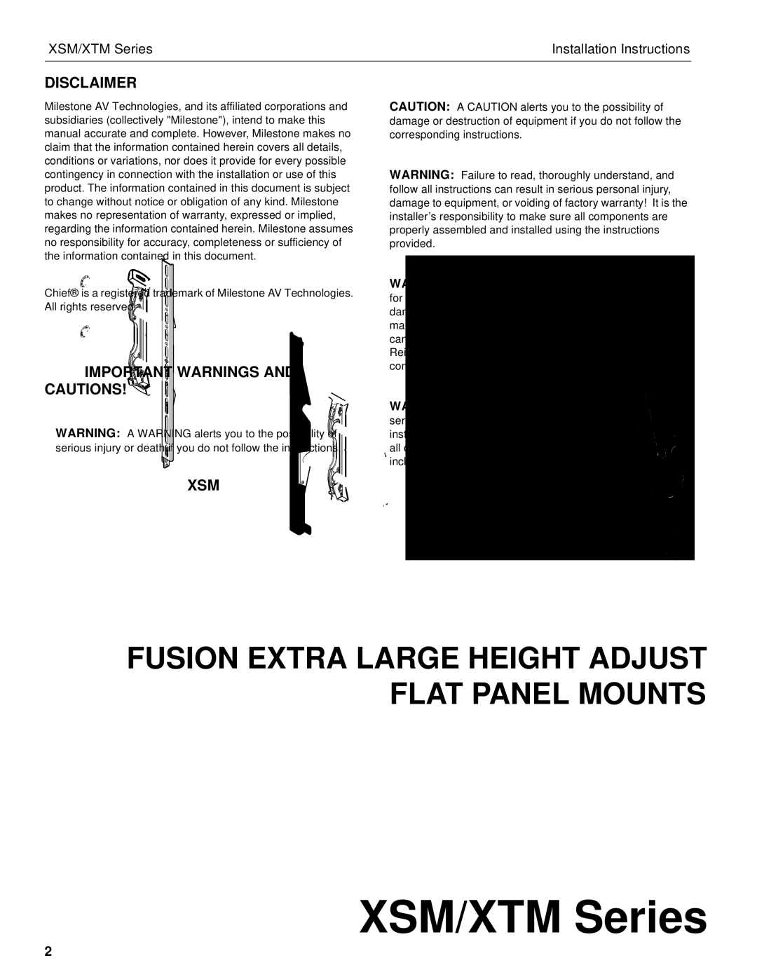 Chief Manufacturing XSM Series, XTM Series installation instructions Disclaimer, Important Warnings and Cautions 