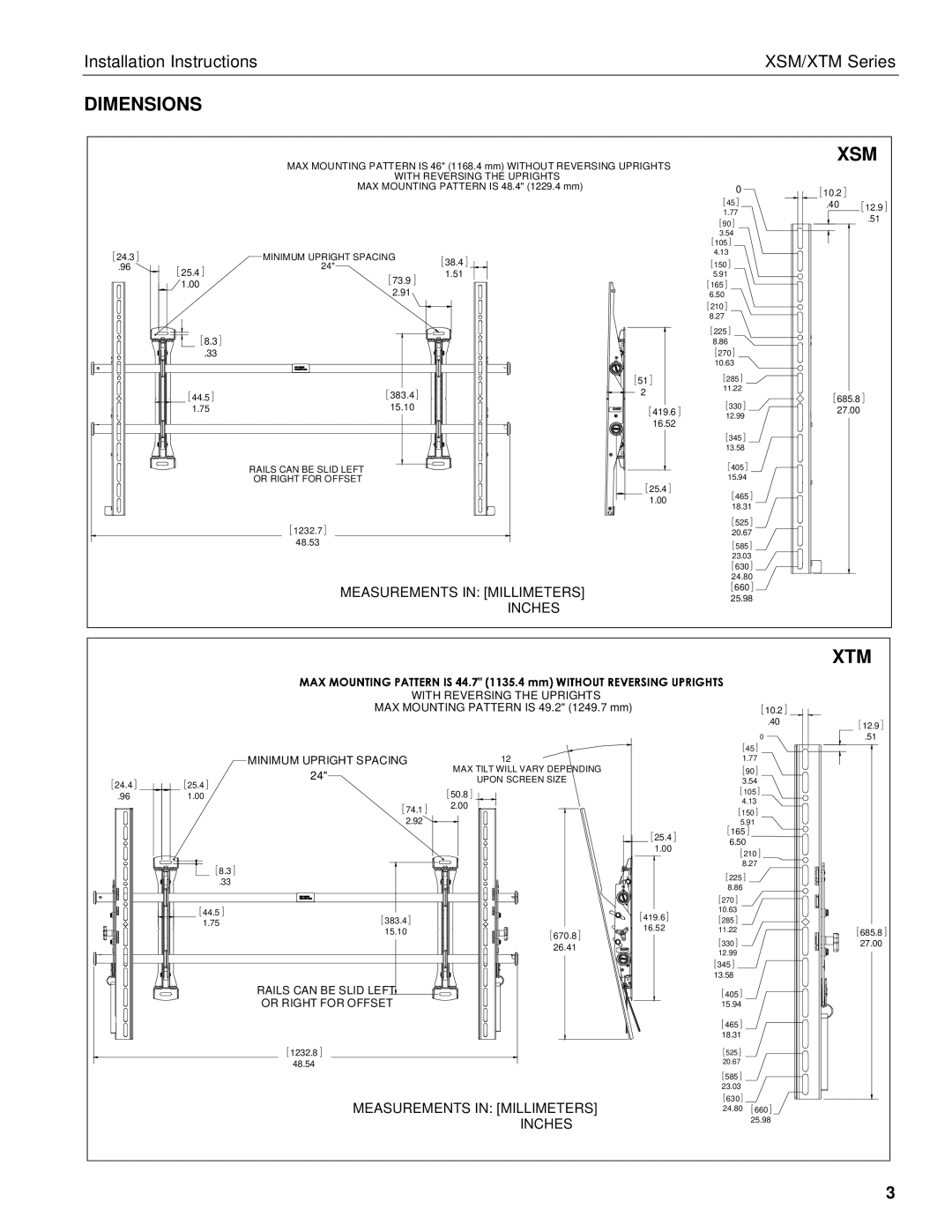 Chief Manufacturing XTM Series, XSM Series installation instructions Dimensions, Xsm 