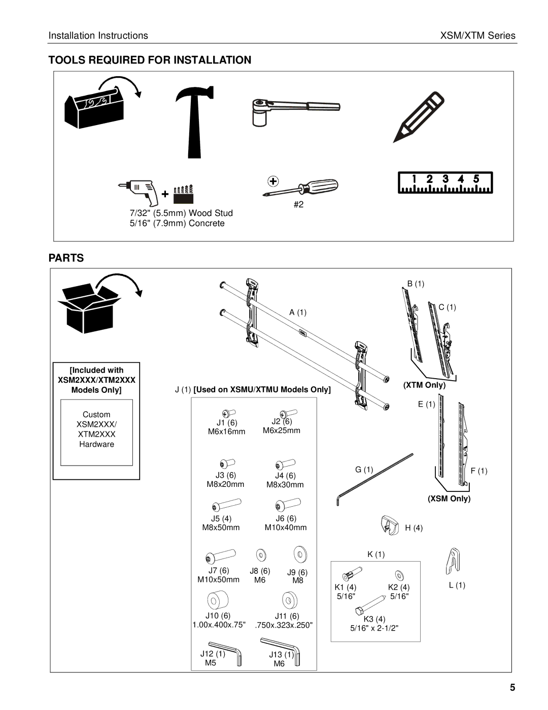 Chief Manufacturing XTM Series, XSM Series installation instructions Tools Required for Installation, Parts 