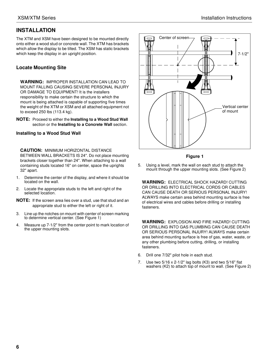 Chief Manufacturing XSM Series, XTM Series installation instructions Installation, Installing to a Wood Stud Wall 