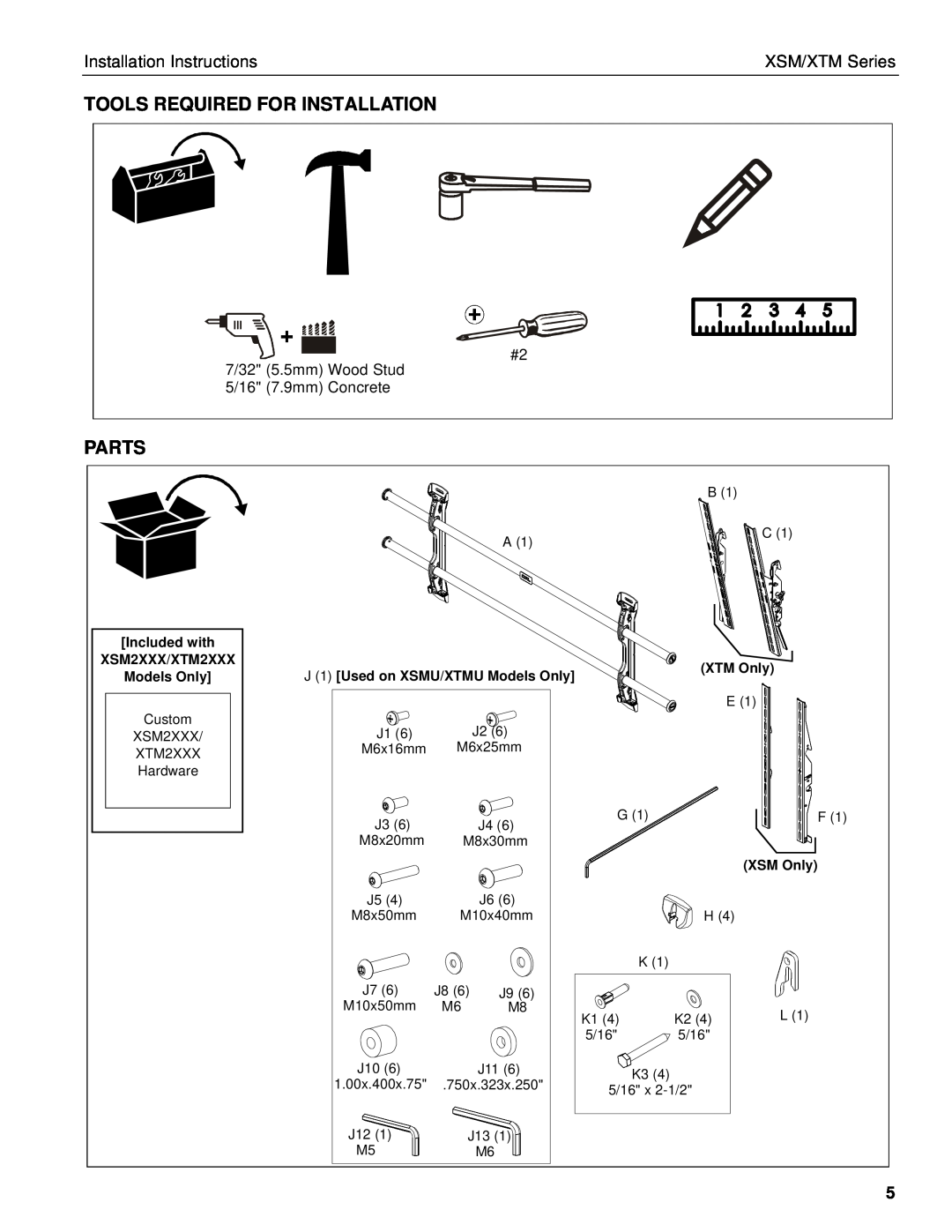Chief Manufacturing XSM Series Tools Required For Installation, Parts, Installation Instructions, XSM/XTM Series 