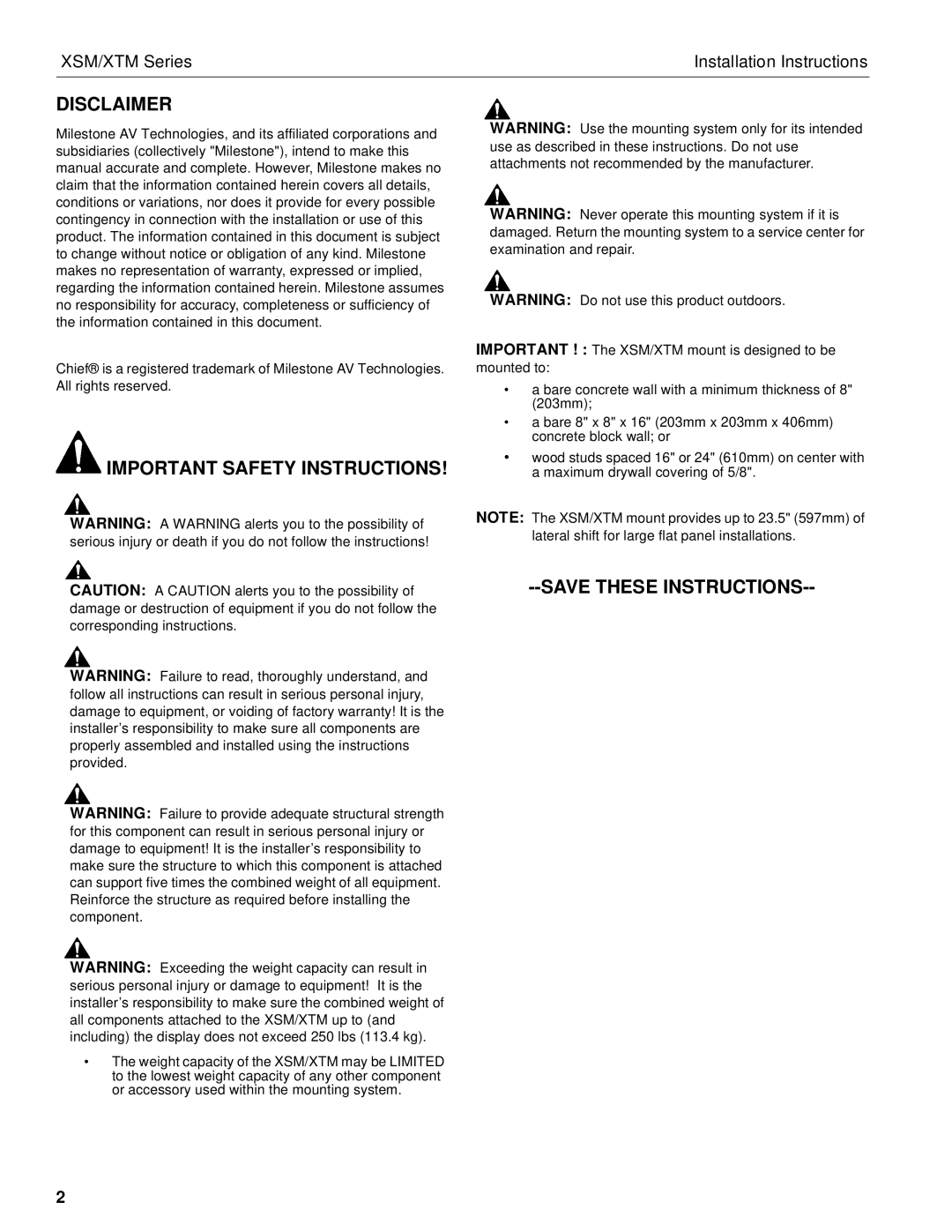 Chief Manufacturing XSM, XTM installation instructions Disclaimer, Important Safety Instructions 