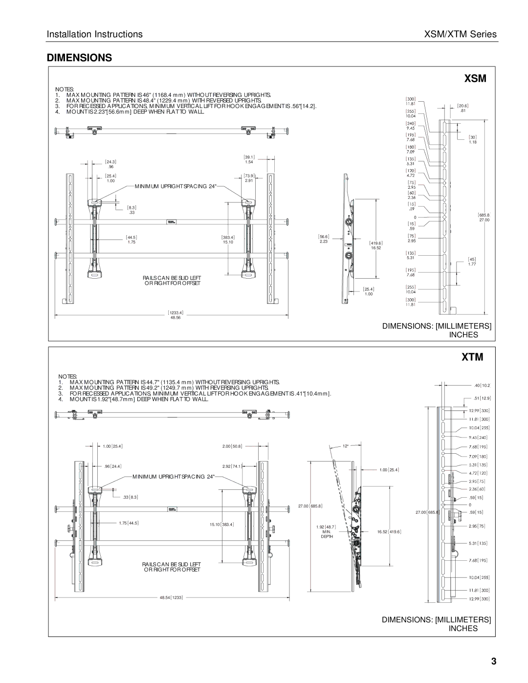 Chief Manufacturing XTM installation instructions Dimensions XSM, Mount is 2.2356.6mm Deep When Flat to Wall 