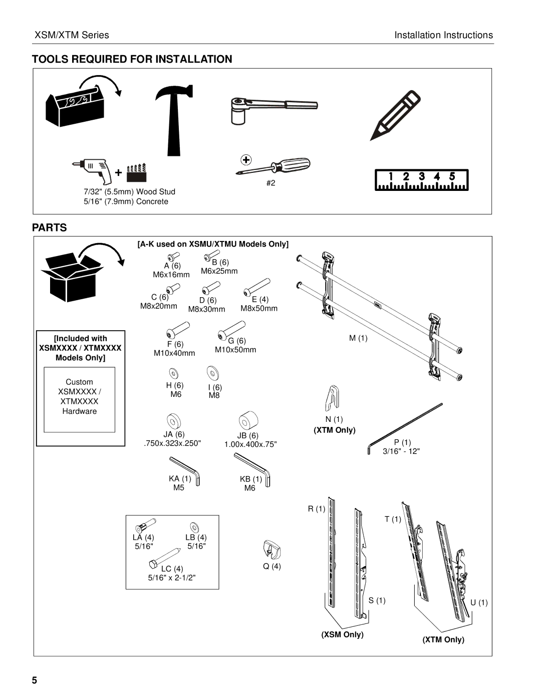 Chief Manufacturing XTM, XSM installation instructions Tools Required for Installation, Parts 