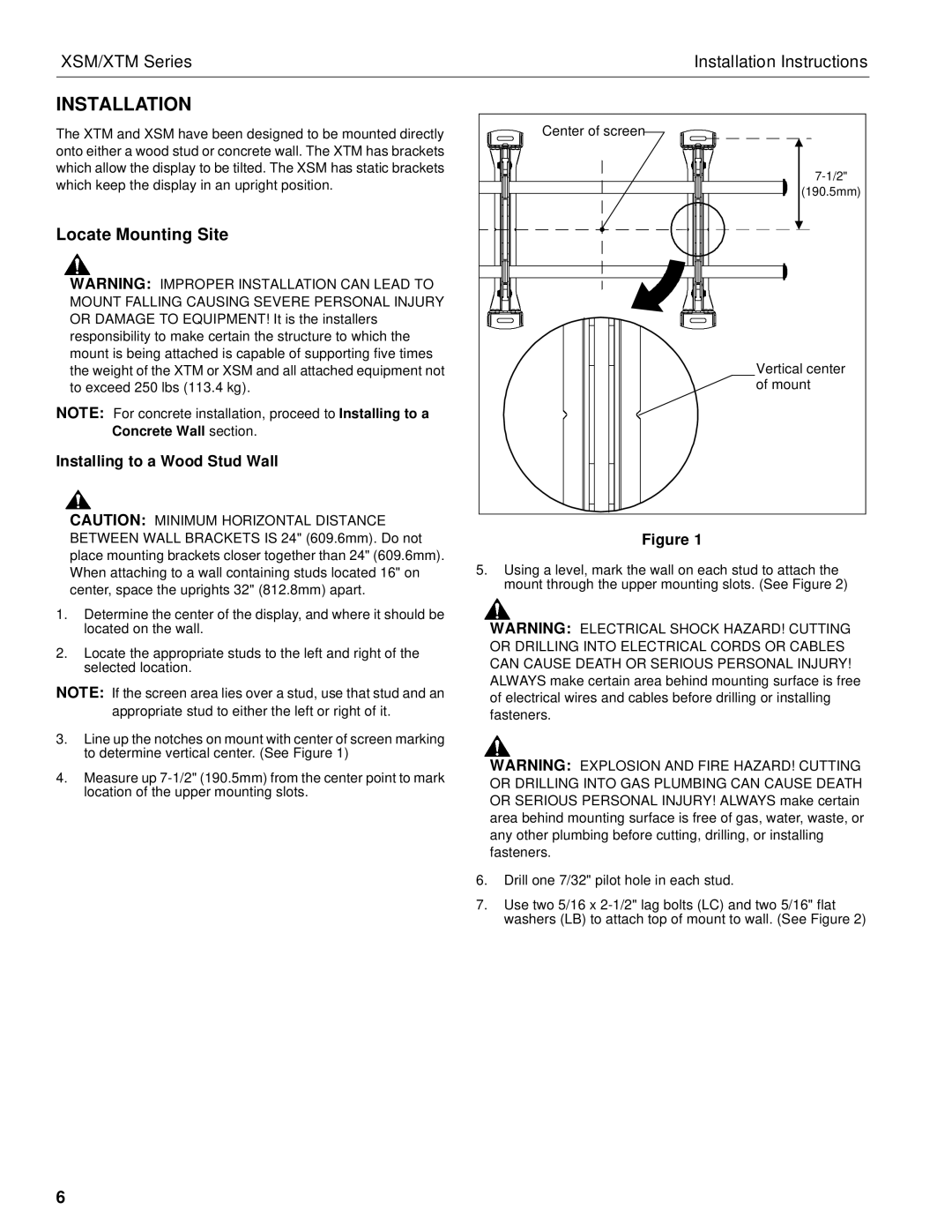 Chief Manufacturing XSM, XTM installation instructions Installation, Installing to a Wood Stud Wall 