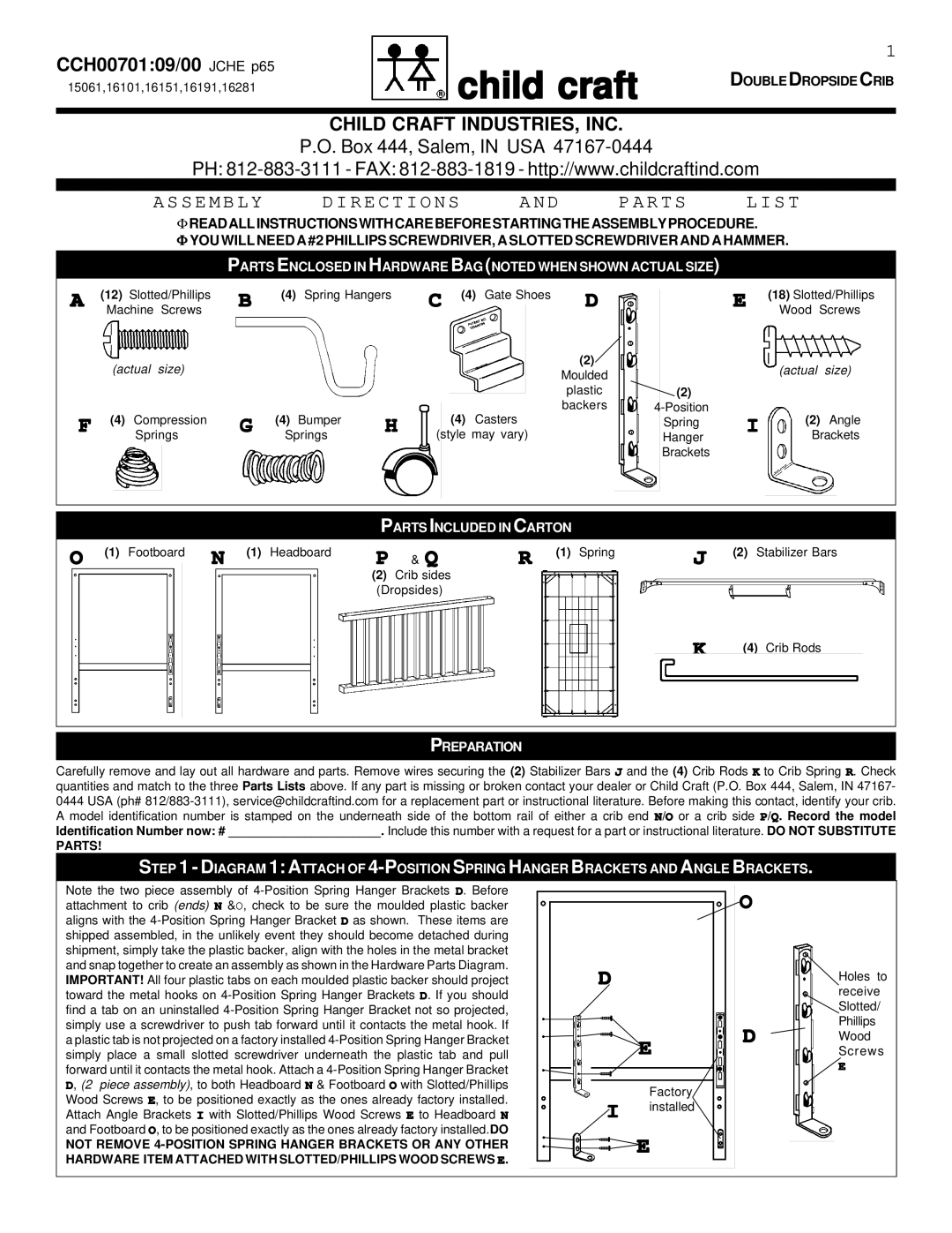 Child Craft CCH00701:09/00 manual Child Craft INDUSTRIES, INC, Parts Enclosed in Hardware BAG Noted When Shown Actual Size 