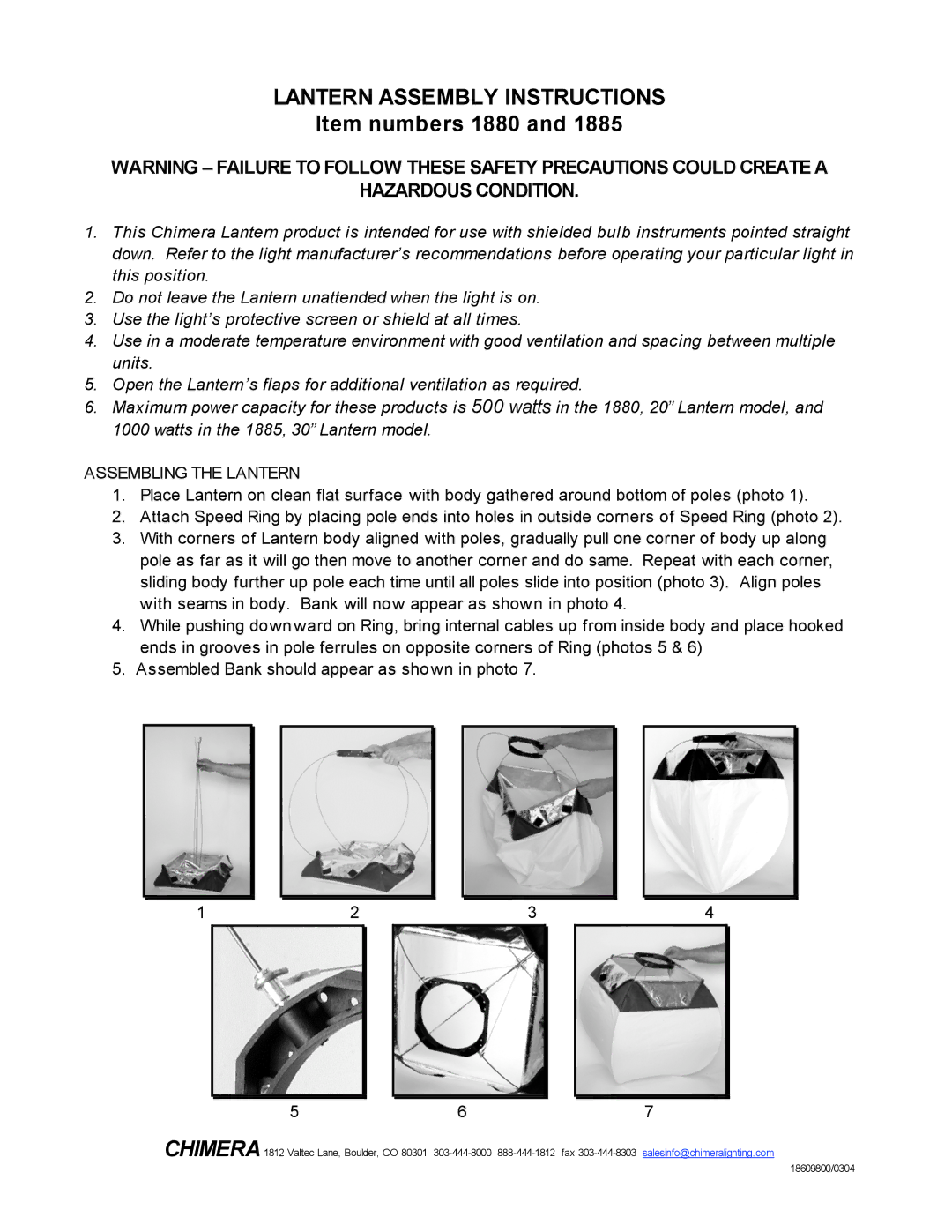 Chimera 1885 manual Lantern Assembly Instructions, Item numbers 1880, Hazardous Condition, Assembling the Lantern 