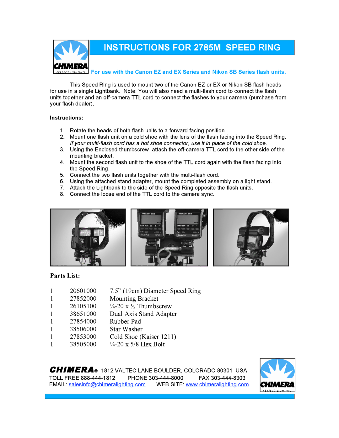 Chimera manual Instructions for 2785M Speed Ring, Parts List 