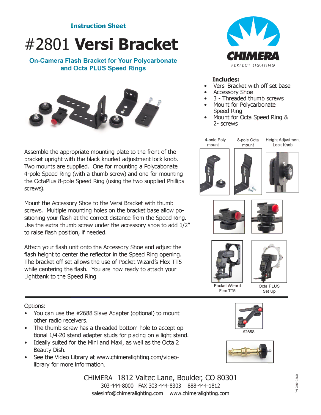 Chimera instruction sheet #2801 Versi Bracket, Includes 