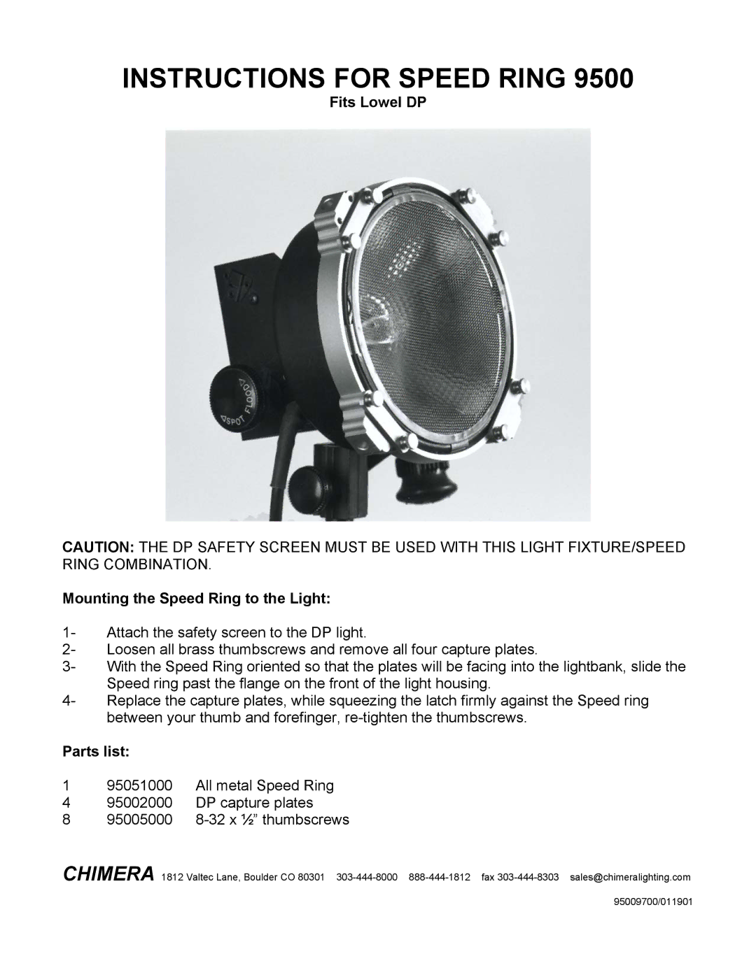 Chimera 9500 manual Instructions for Speed Ring, Fits Lowel DP Mounting the Speed Ring to the Light, Parts list 