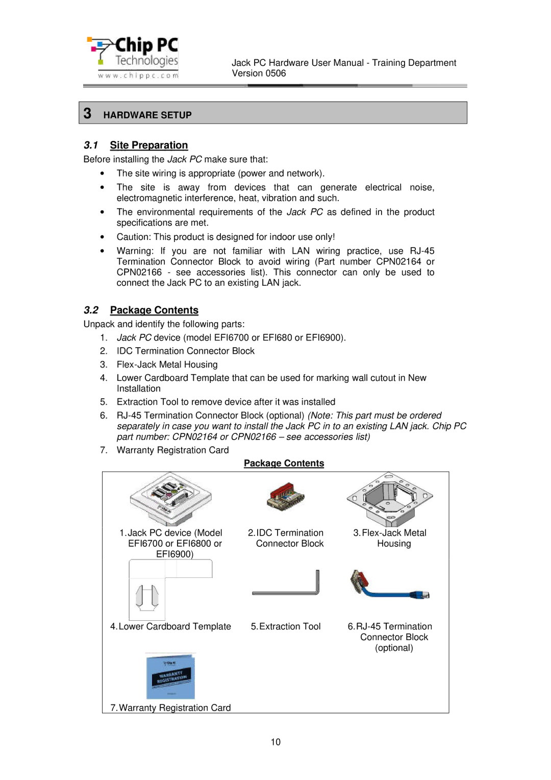 Chip PC CDC01927 manual Site Preparation, Package Contents 