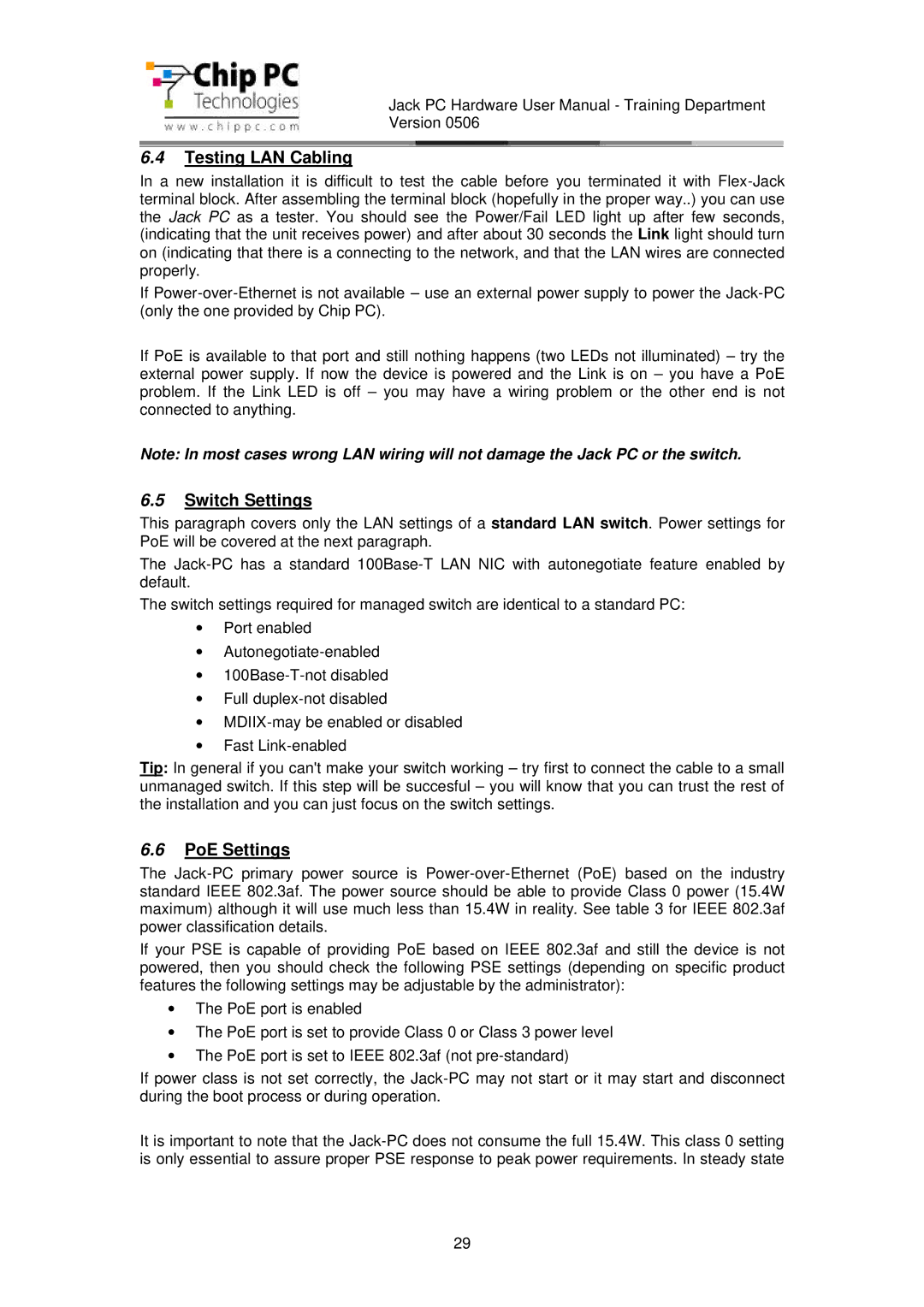 Chip PC CDC01927 manual Testing LAN Cabling, Switch Settings, PoE Settings 