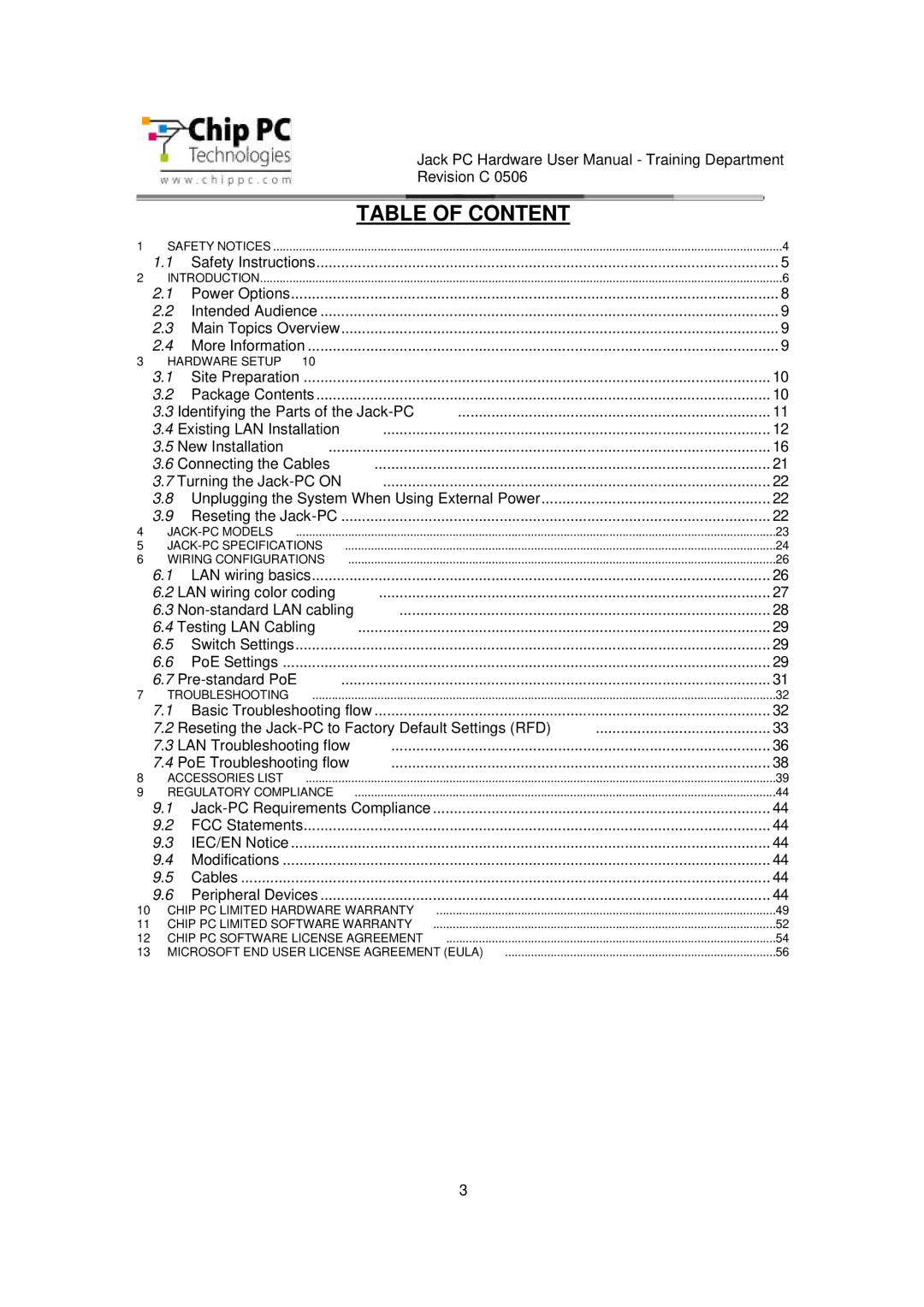 Chip PC CDC01927 manual Table of Content 