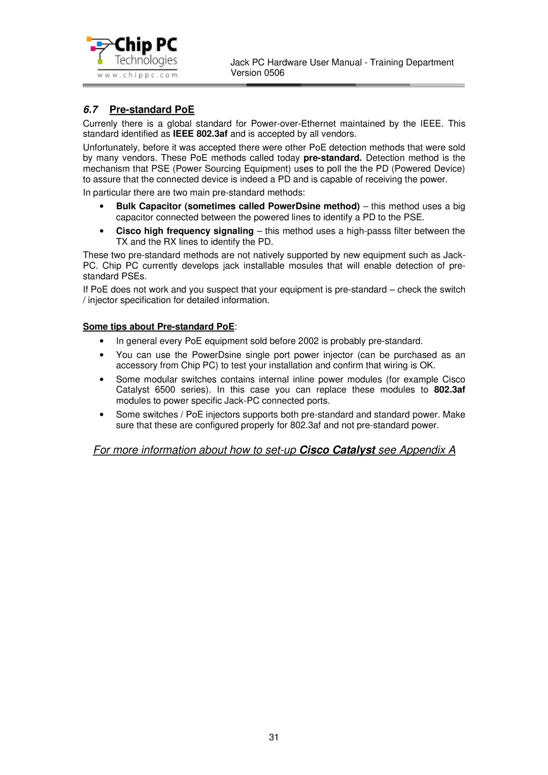 Chip PC CDC01927 manual Some tips about Pre-standard PoE 