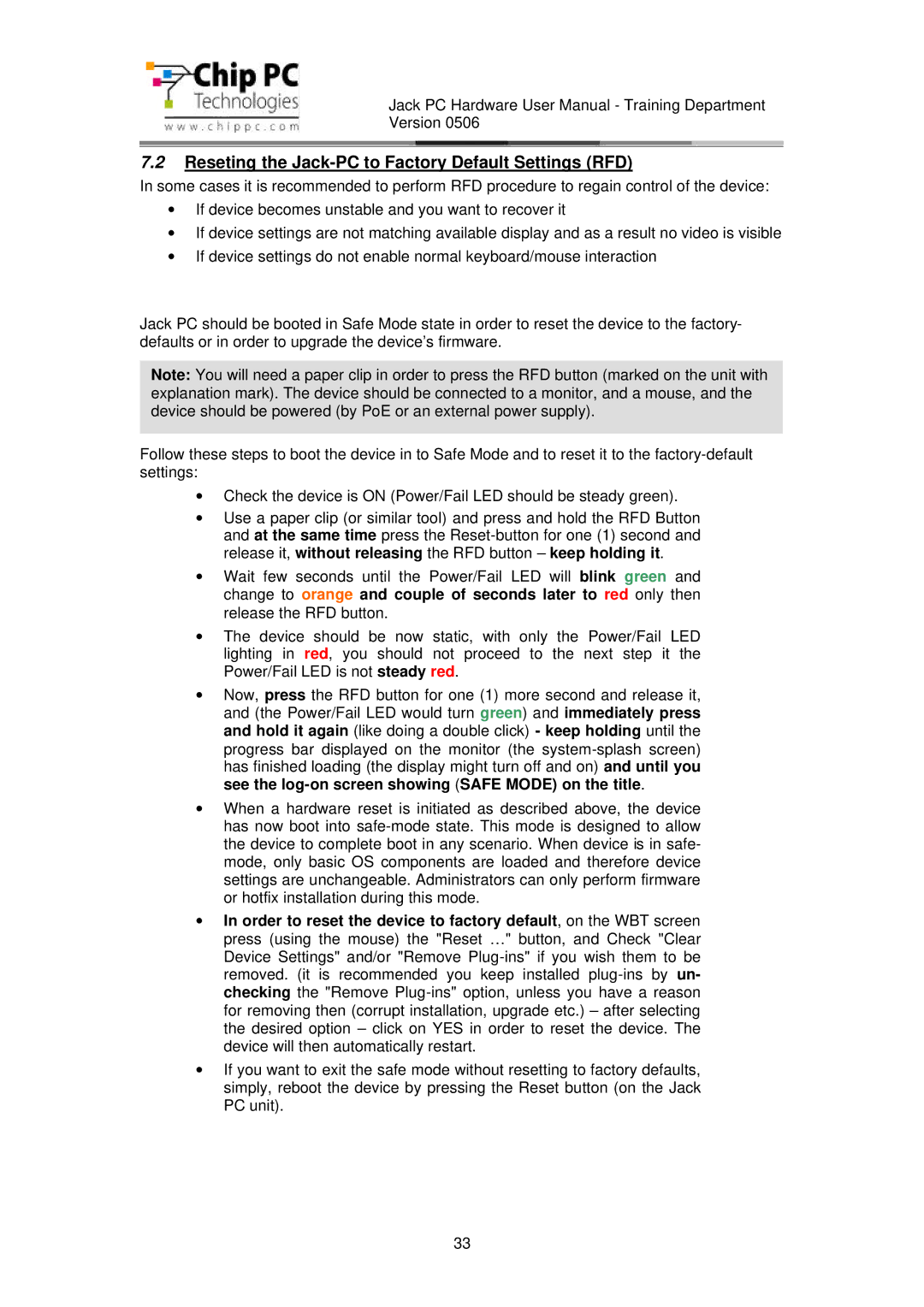 Chip PC CDC01927 manual Reseting the Jack-PC to Factory Default Settings RFD 