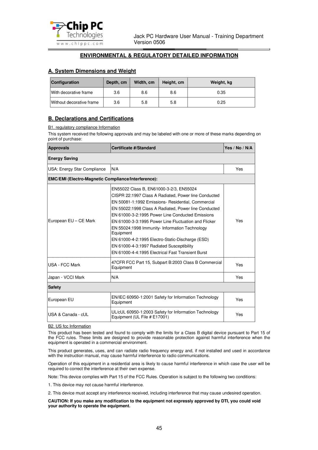 Chip PC CDC01927 manual Environmental & Regulatory Detailed Information, System Dimensions and Weight 