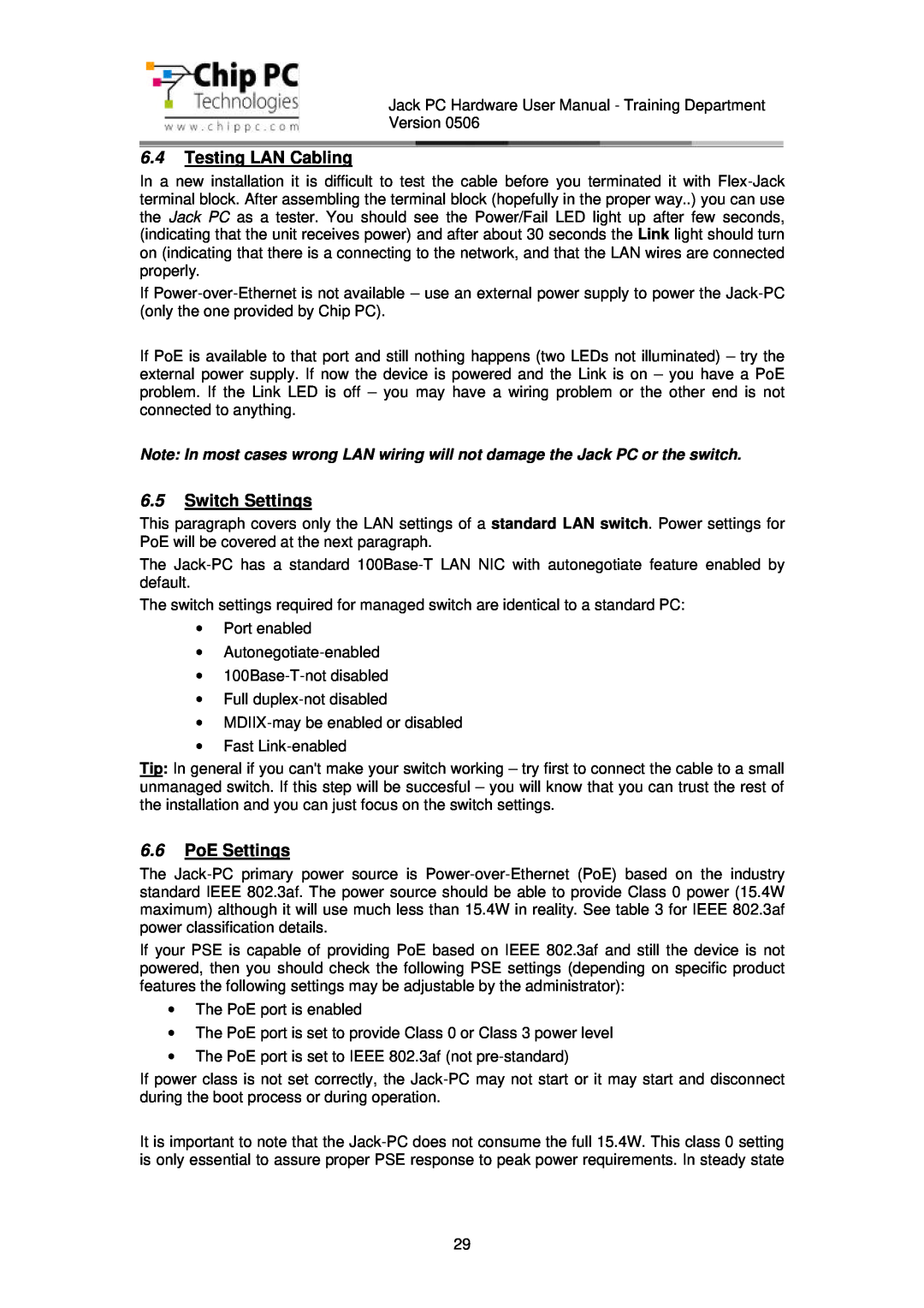 Chip PC CDC01927 manual Testing LAN Cabling, Switch Settings, PoE Settings 