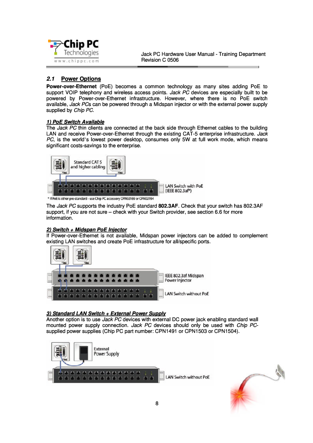 Chip PC CDC01927 manual Power Options, PoE Switch Available, Switch + Midspan PoE Injector 