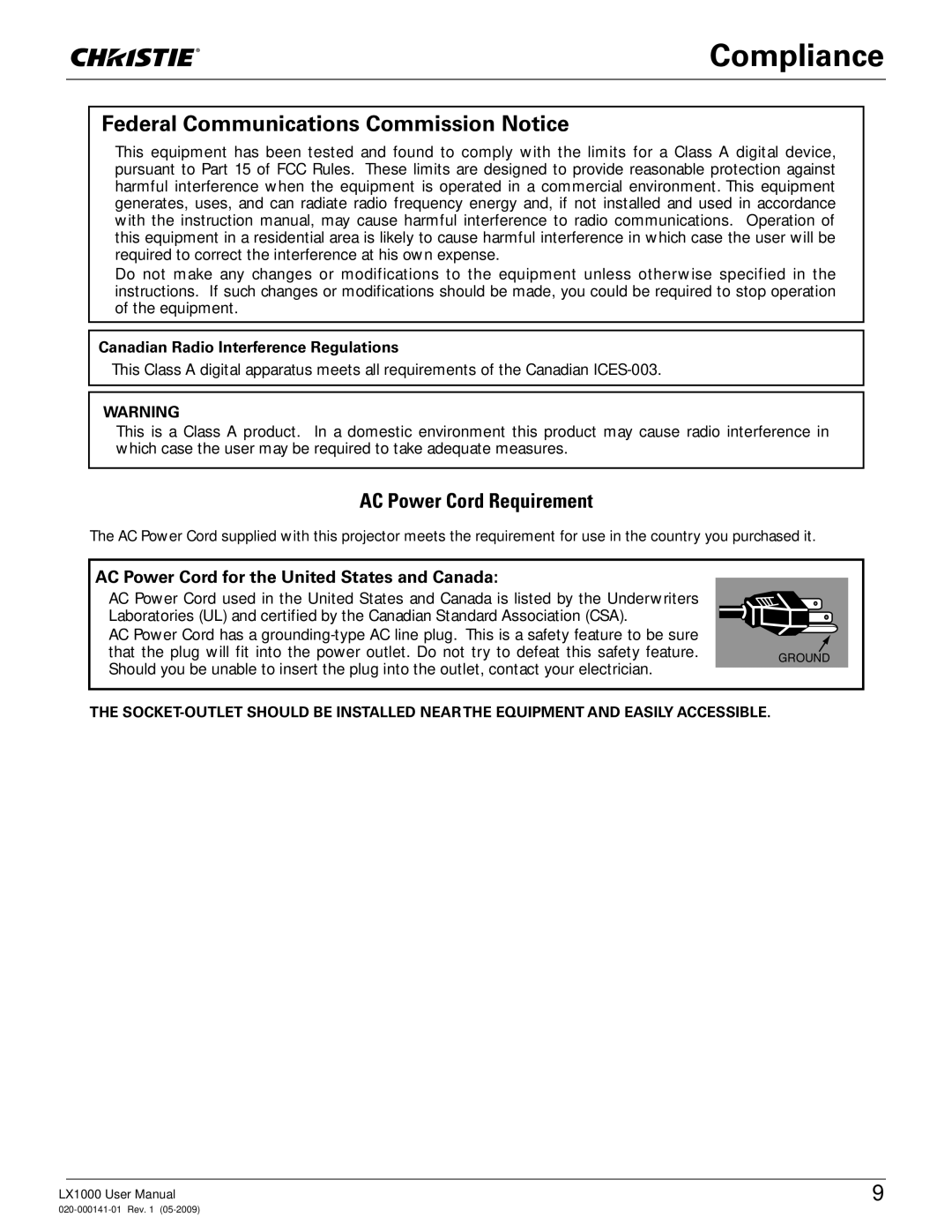 Christie Digital Systems 020-000141-01 user manual Compliance, AC Power Cord for the United States and Canada 