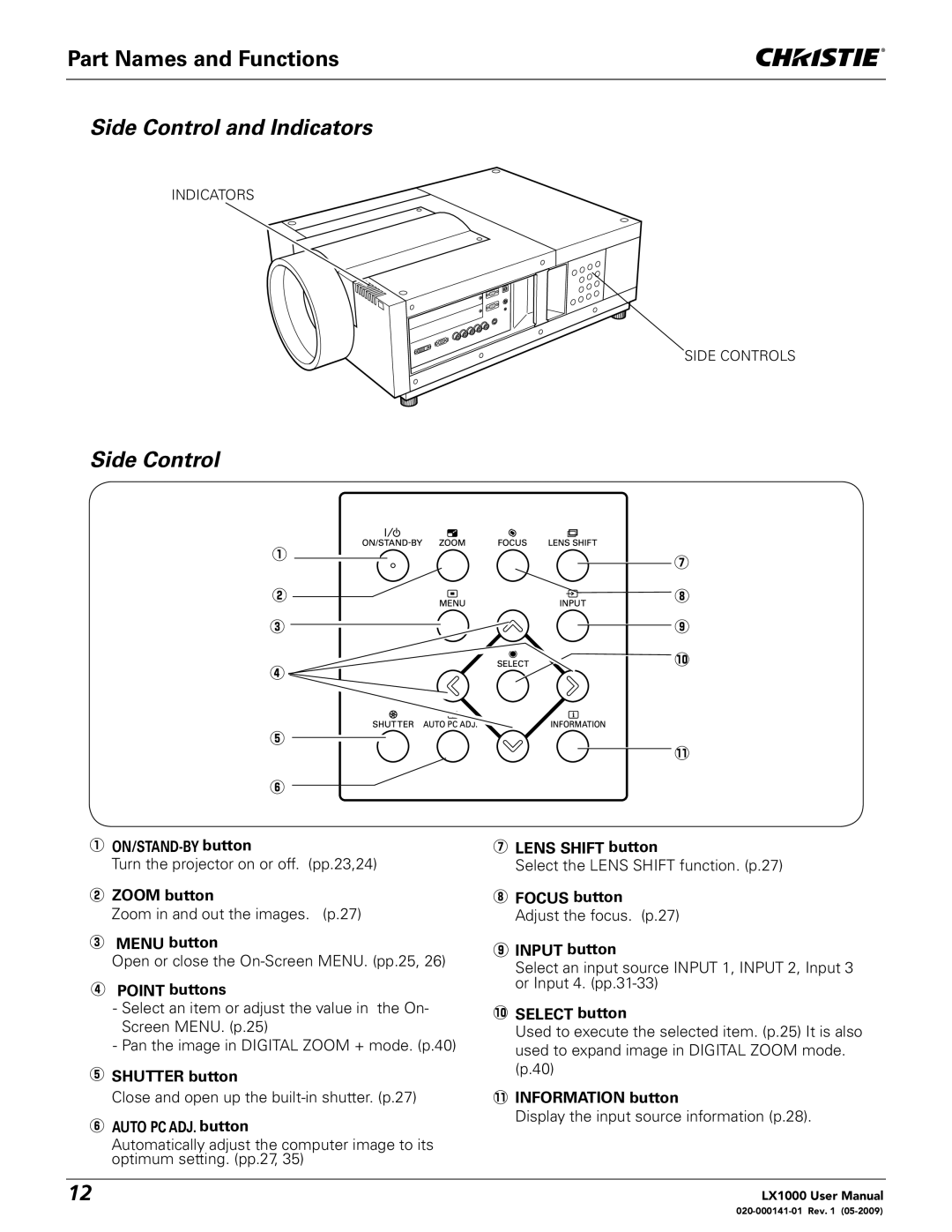 Christie Digital Systems 020-000141-01 user manual Side Control and Indicators 