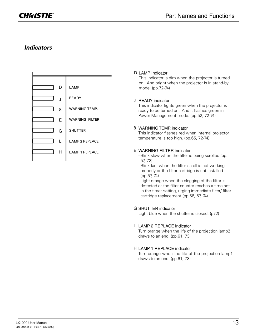 Christie Digital Systems 020-000141-01 user manual Indicators 