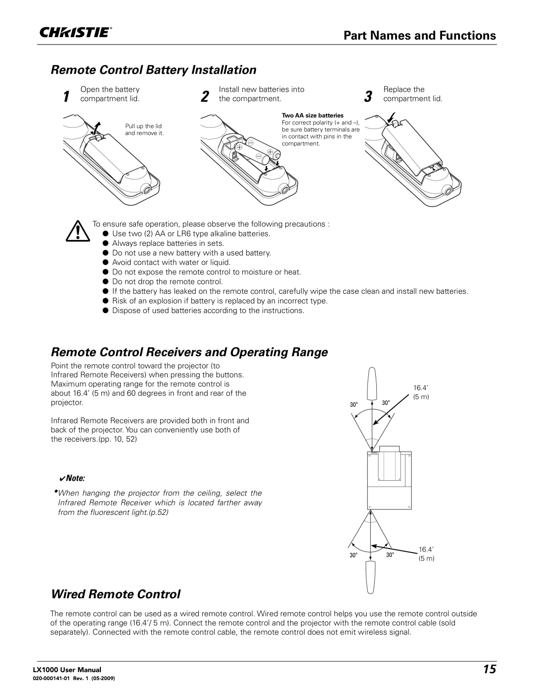 Christie Digital Systems 020-000141-01 Remote Control Battery Installation, Remote Control Receivers and Operating Range 