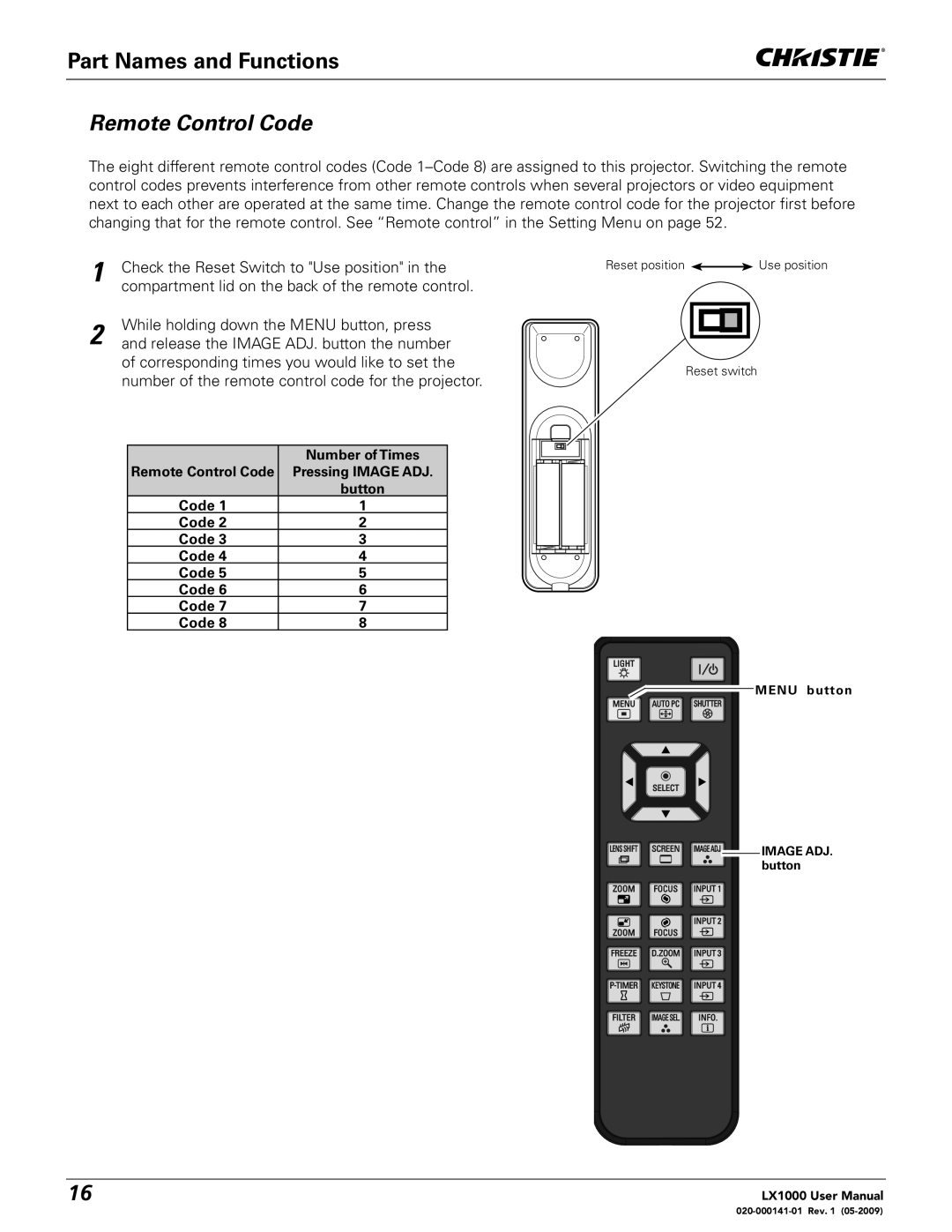 Christie Digital Systems 020-000141-01 user manual Number of Times, Remote Control Code Pressing Image ADJ Button 