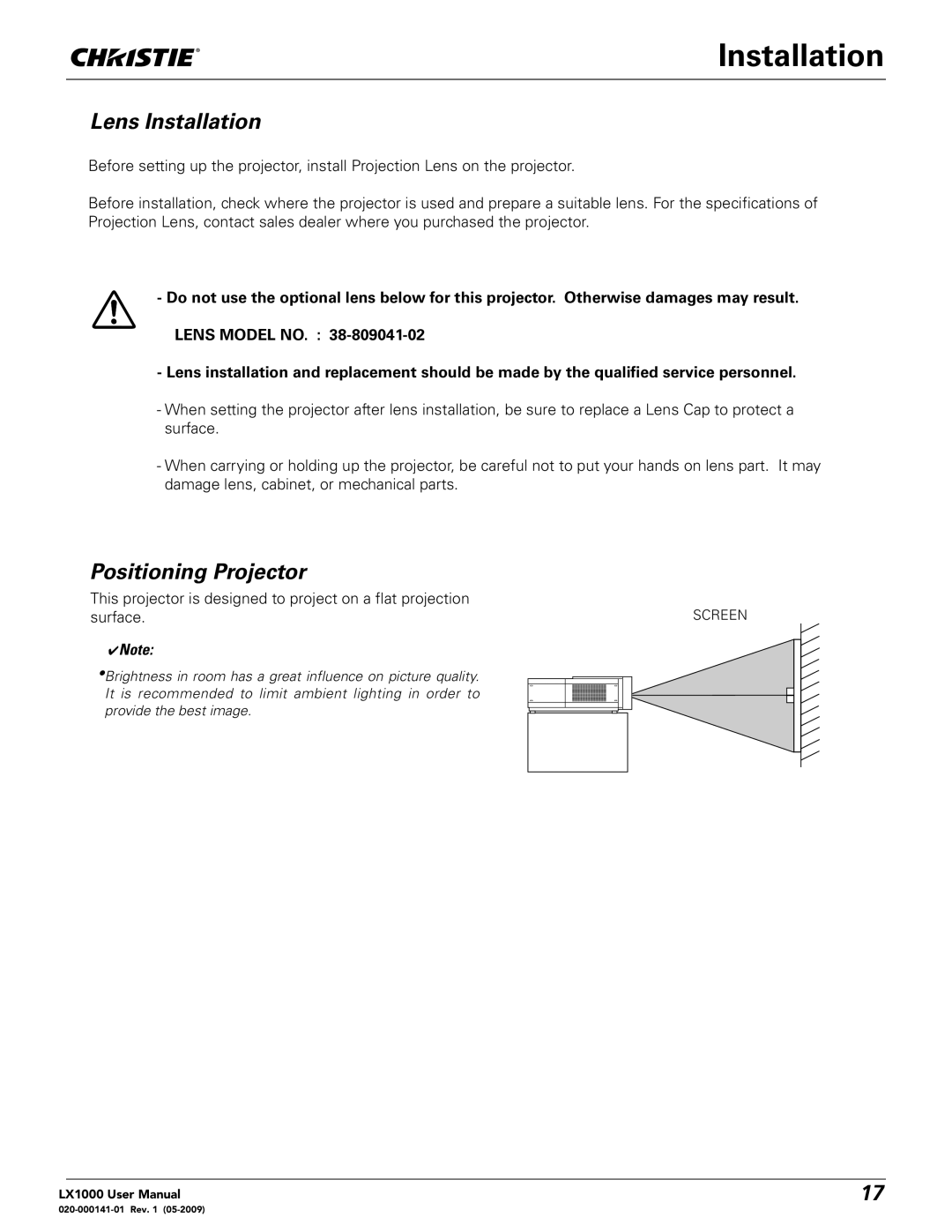 Christie Digital Systems 020-000141-01 user manual Lens Installation, Positioning Projector 