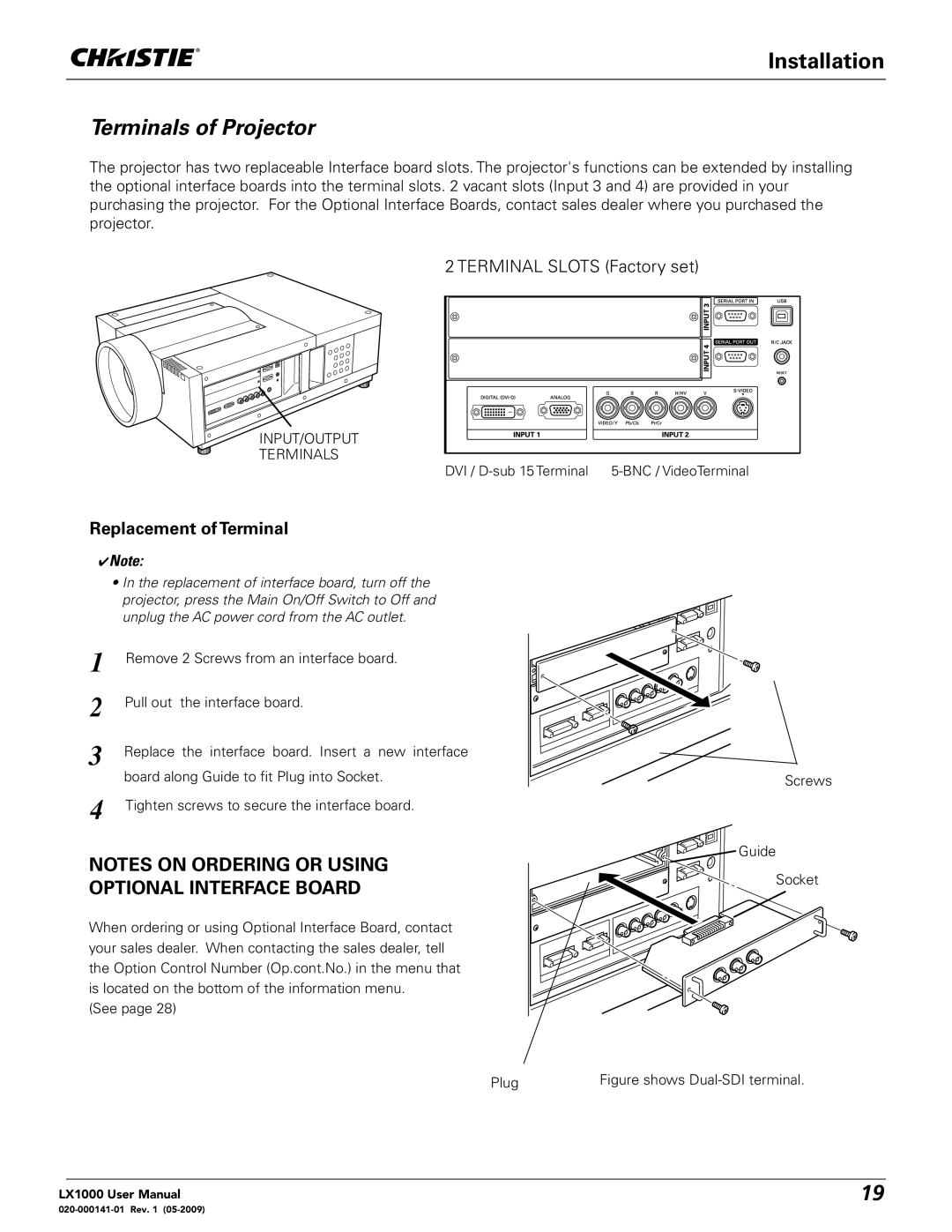 Christie Digital Systems 020-000141-01 user manual Terminals of Projector, Replacement of Terminal 