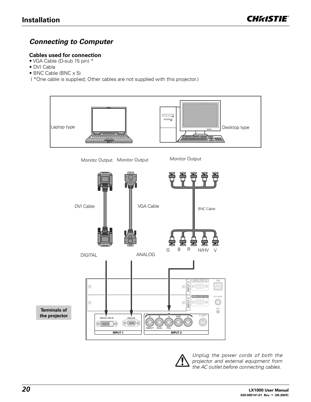 Christie Digital Systems 020-000141-01 Connecting to Computer, Cables used for connection, Terminals of the projector 