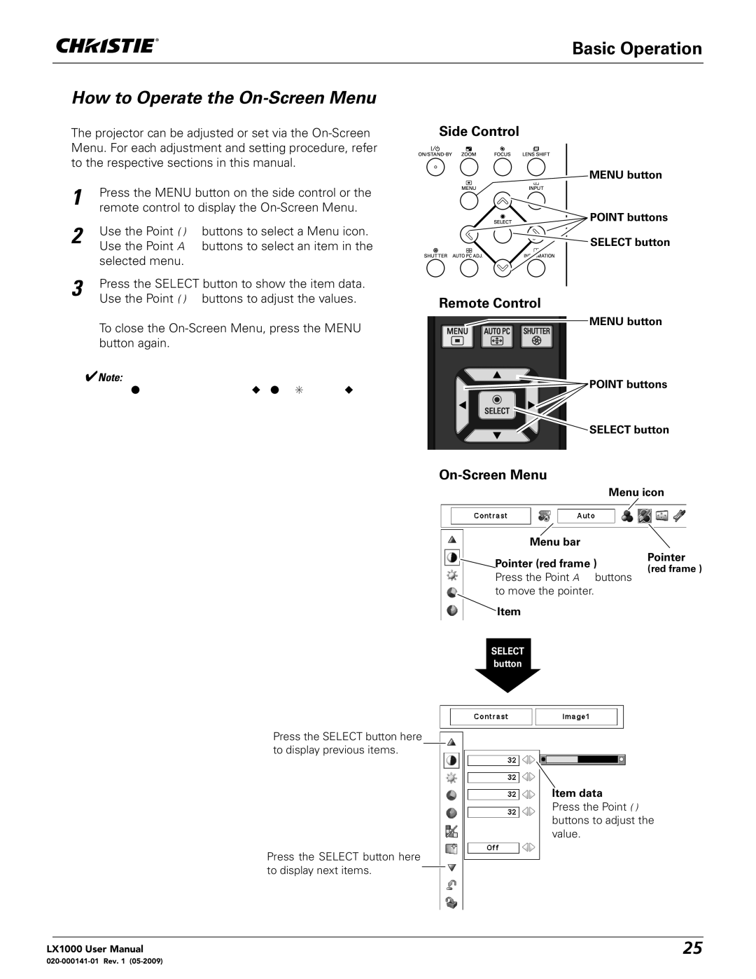 Christie Digital Systems 020-000141-01 user manual How to Operate the On-Screen Menu, Side Control, Remote Control 