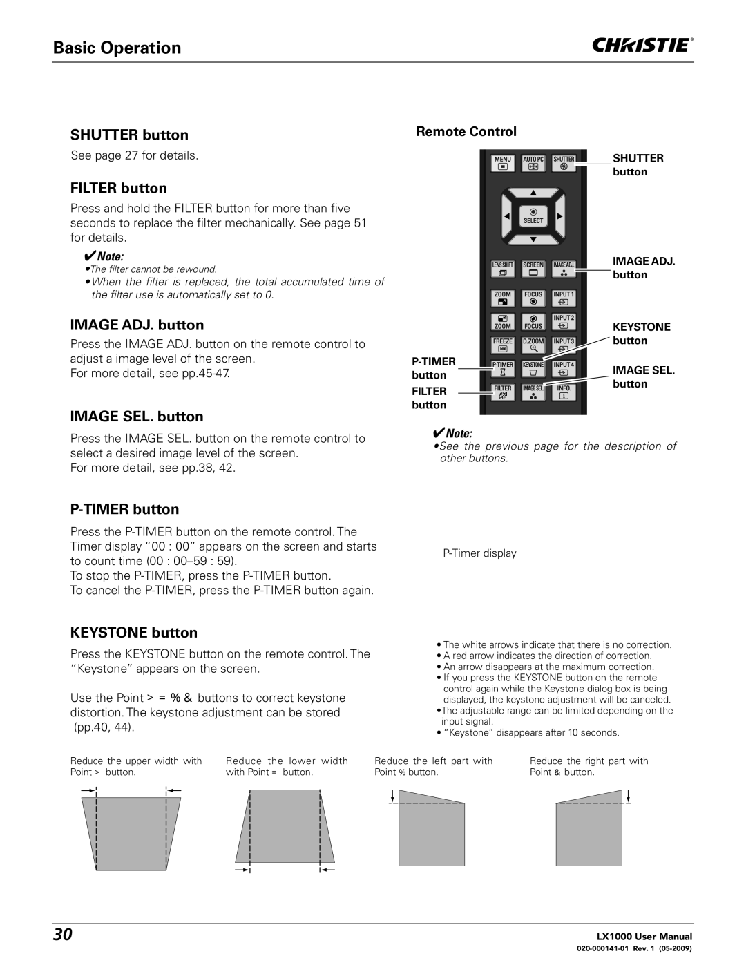 Christie Digital Systems 020-000141-01 Shutter button, Filter button, Image ADJ. button, Image SEL. button, Timer button 