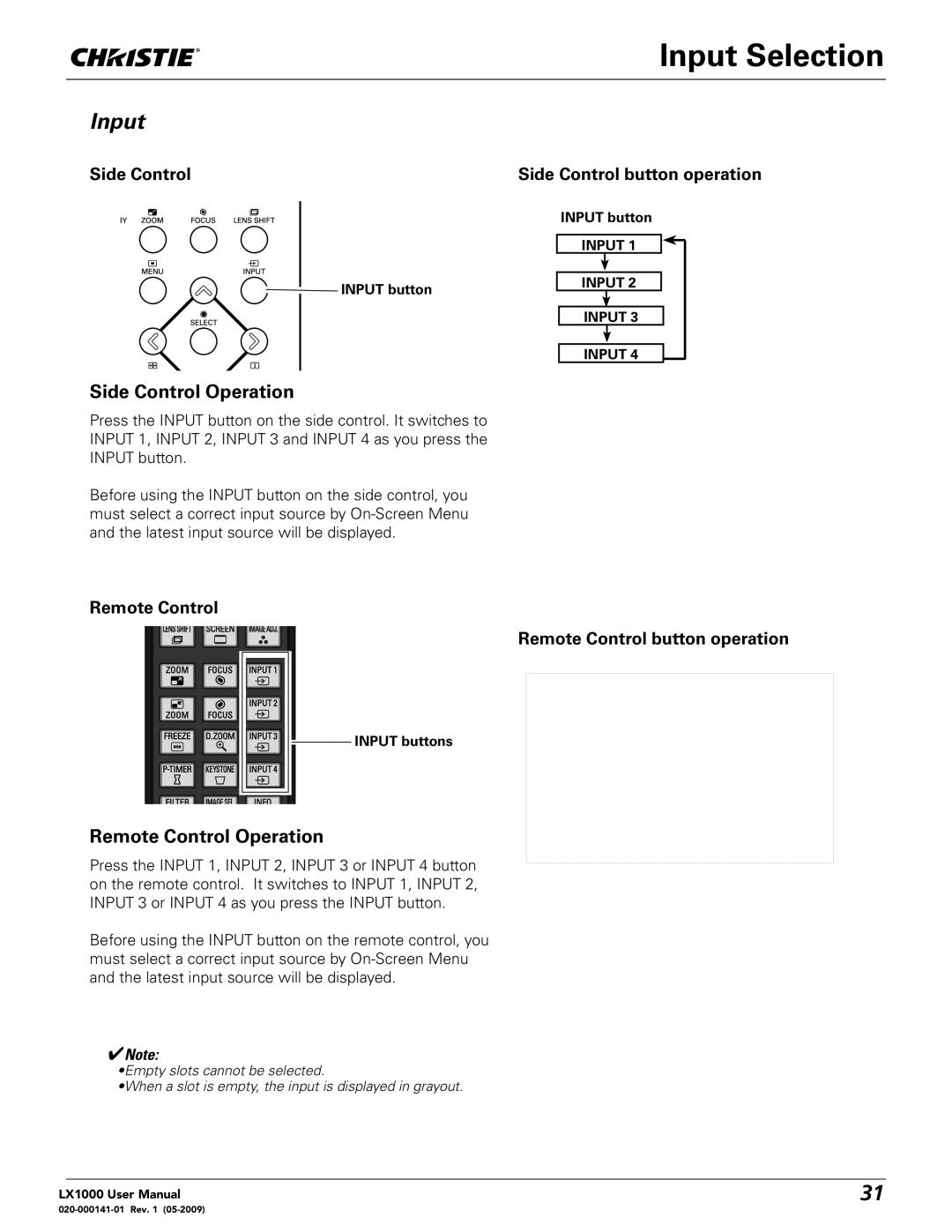 Christie Digital Systems 020-000141-01 user manual Input Selection, Side Control Operation, Remote Control Operation 