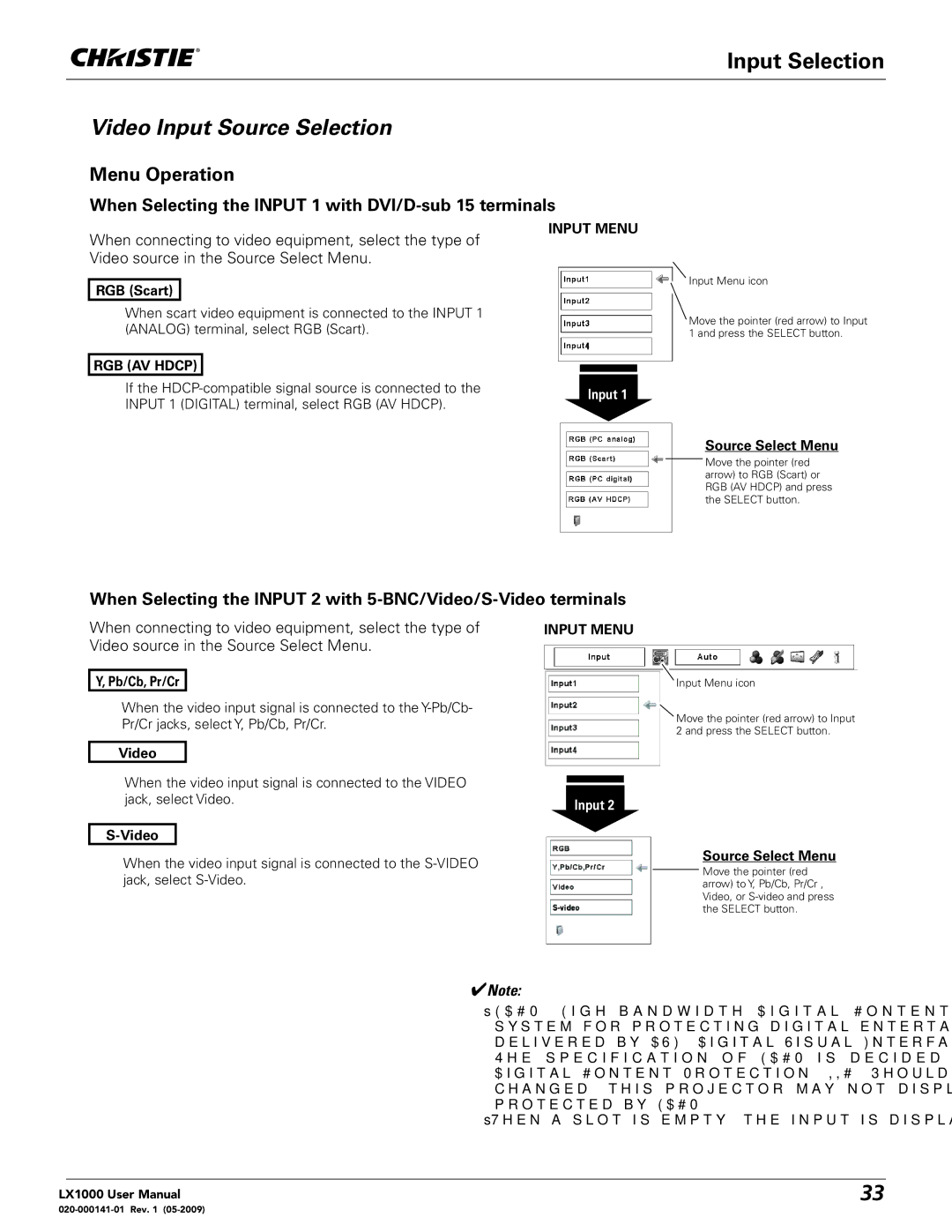 Christie Digital Systems 020-000141-01 user manual Video Input Source Selection, RGB Scart, RGB AV Hdcp, Pb/Cb, Pr/Cr 