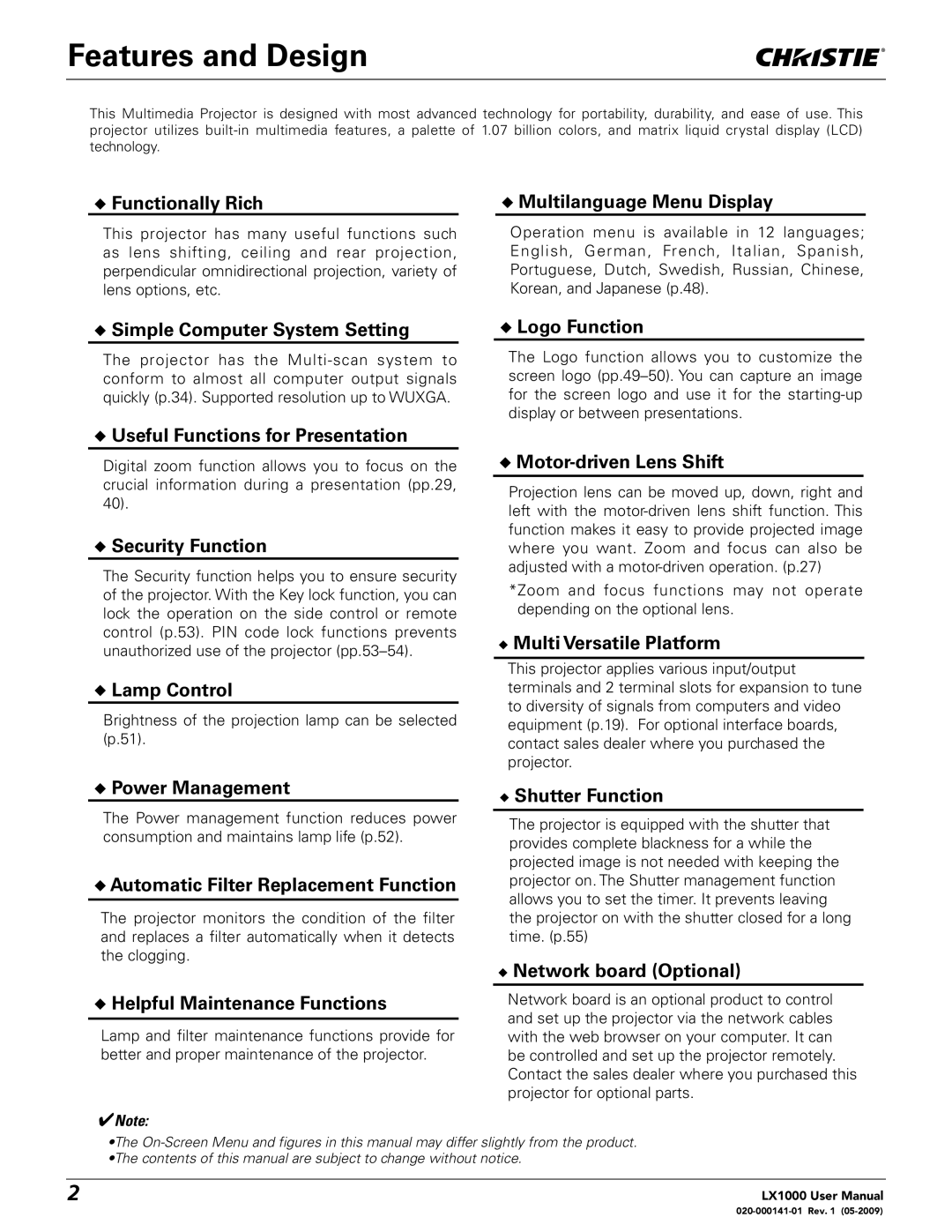 Christie Digital Systems 020-000141-01 user manual Features and Design 