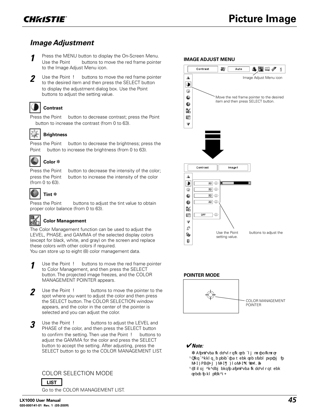 Christie Digital Systems 020-000141-01 user manual Picture Image, Image Adjustment, Image Adjust Menu, List, Pointer Mode 