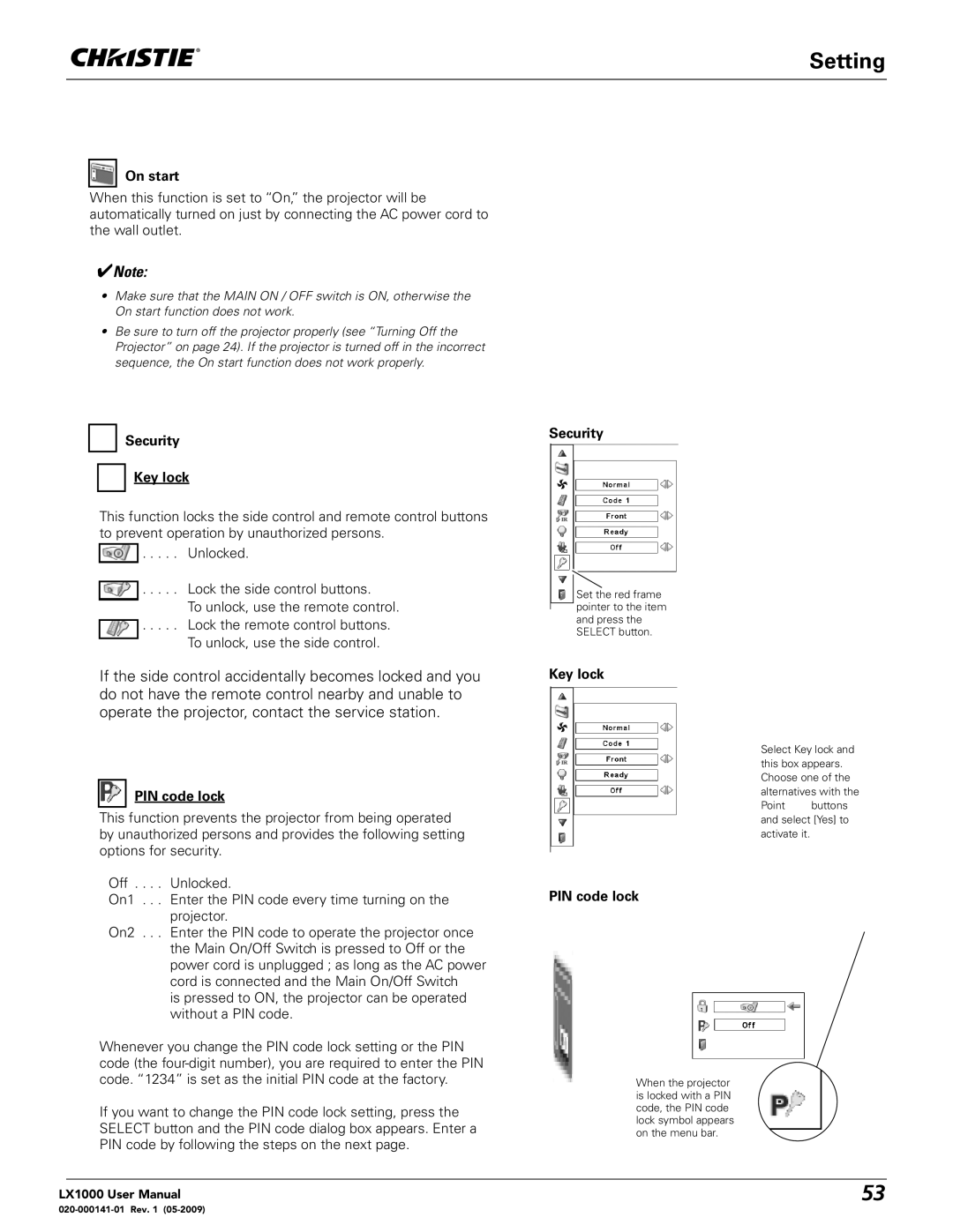 Christie Digital Systems 020-000141-01 user manual On start, Security Key lock, PIN code lock 