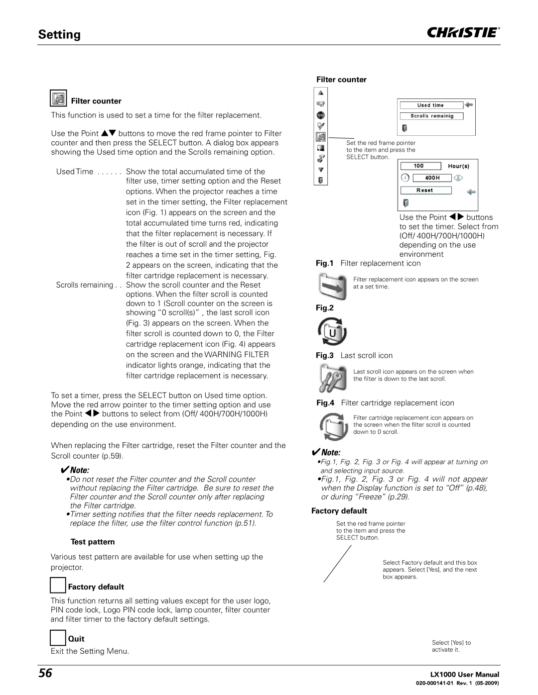 Christie Digital Systems 020-000141-01 user manual Filter counter, Test pattern, Factory default 