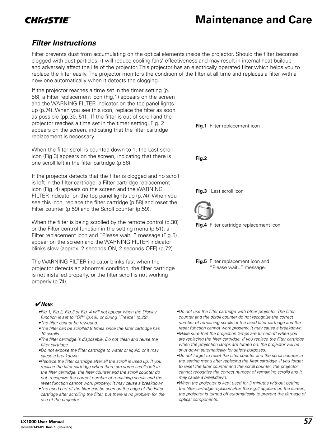 Christie Digital Systems 020-000141-01 user manual Maintenance and Care, Filter Instructions 