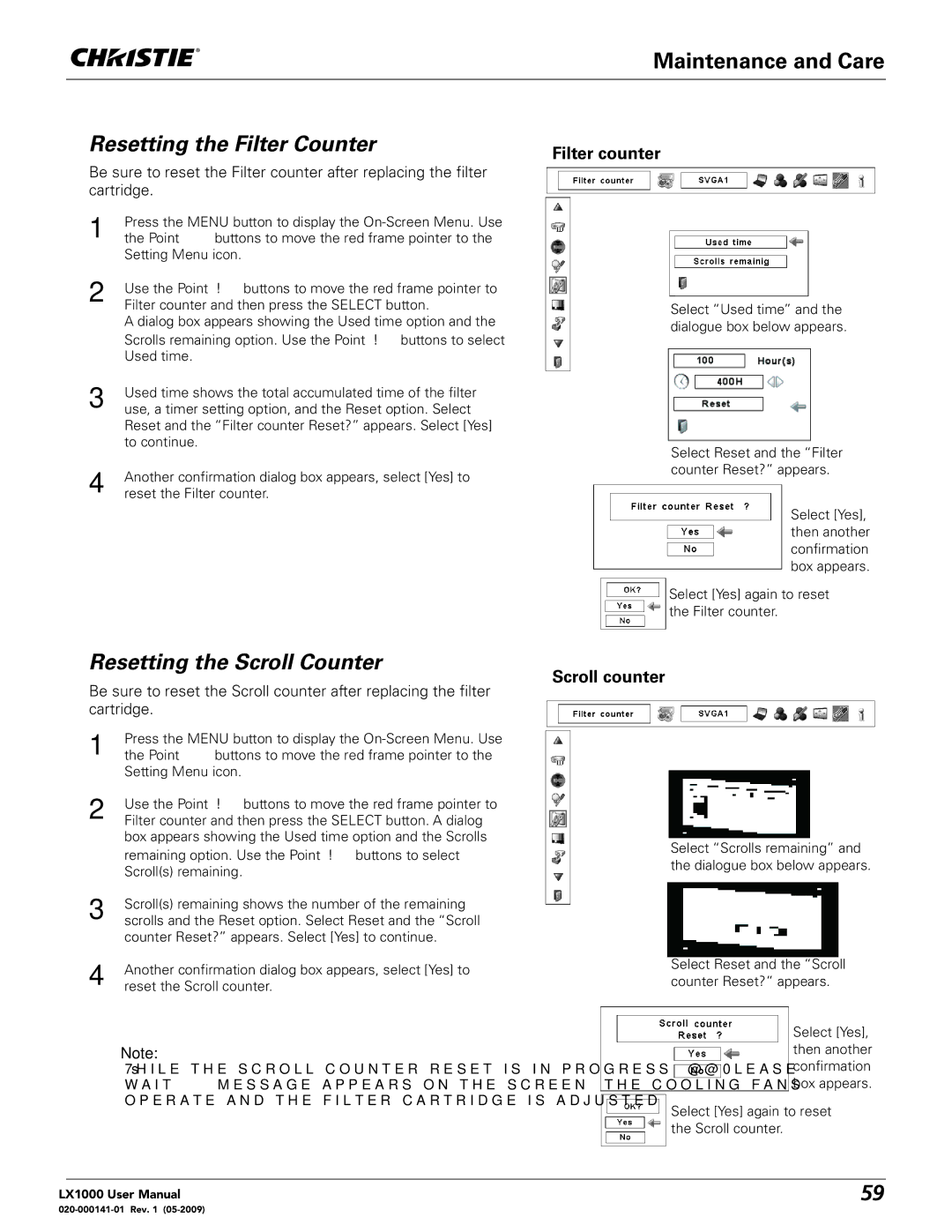 Christie Digital Systems 020-000141-01 Resetting the Filter Counter, Resetting the Scroll Counter, Filter counter 