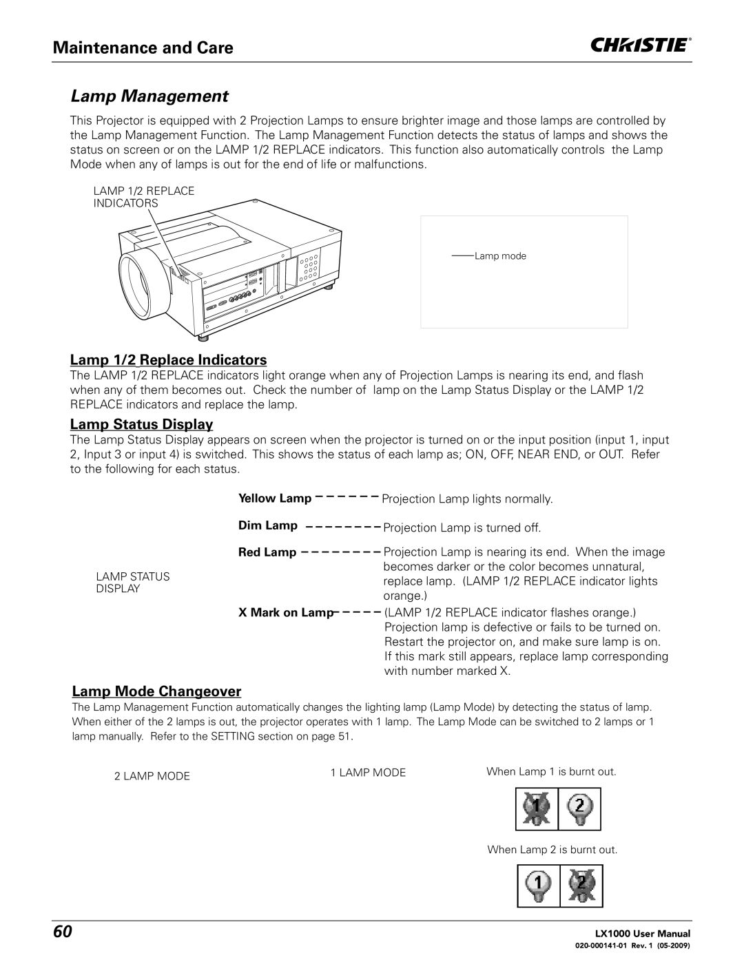 Christie Digital Systems 020-000141-01 user manual Lamp Management, Lamp 1/2 Replace Indicators, Lamp Status Display 