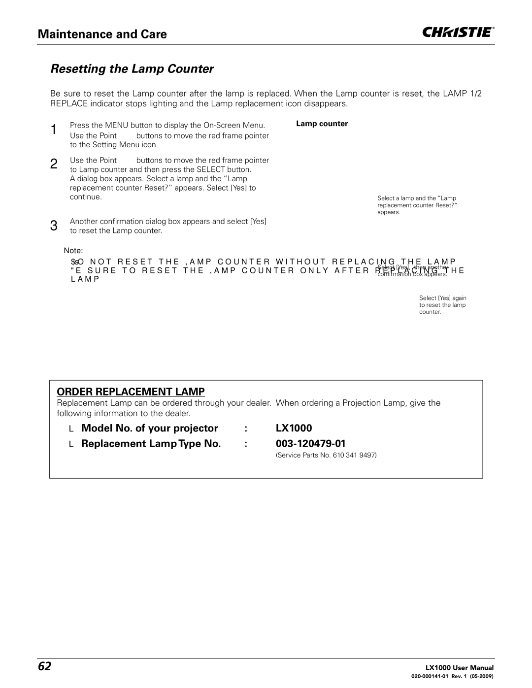 Christie Digital Systems 020-000141-01 user manual Resetting the Lamp Counter, Order Replacement Lamp 