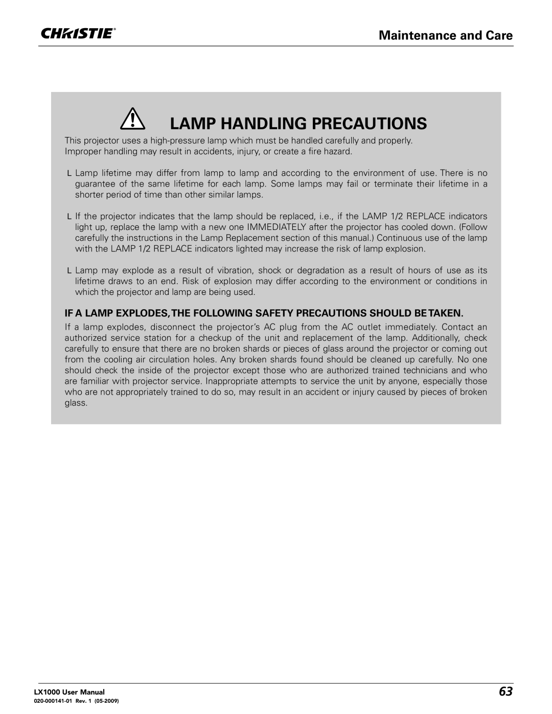 Christie Digital Systems 020-000141-01 user manual Lamp Handling Precautions 