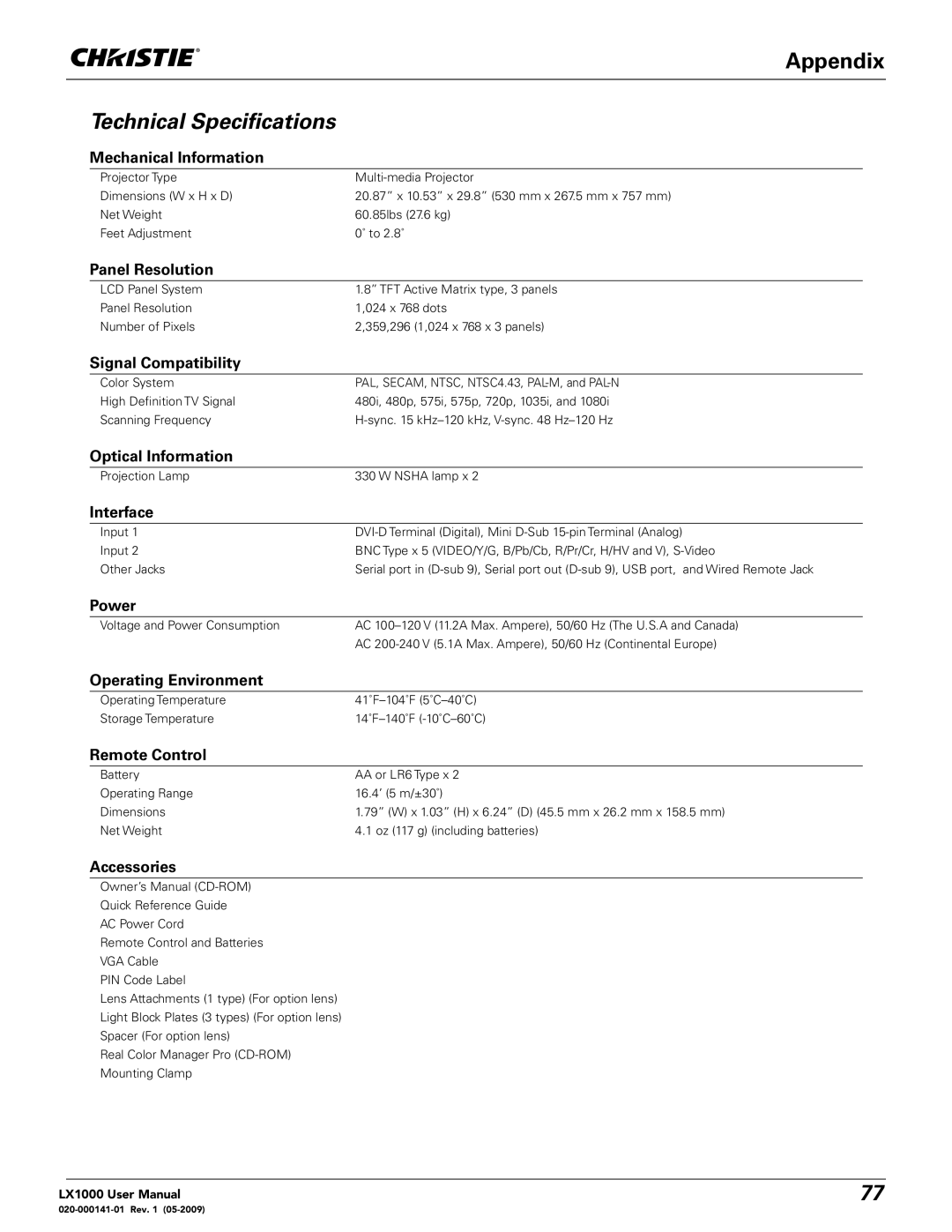 Christie Digital Systems 020-000141-01 user manual Technical Specifications 