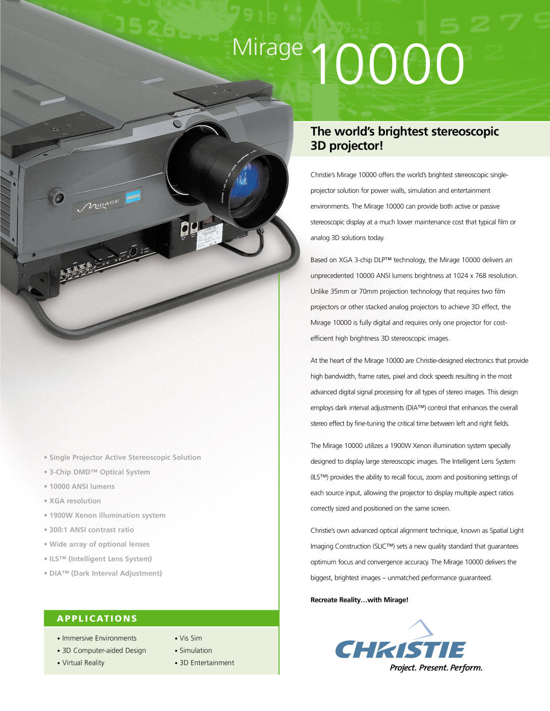Christie Digital Systems manual A P P L I C At I O N S, Mirage10000, The world’s brightest stereoscopic 3D projector 
