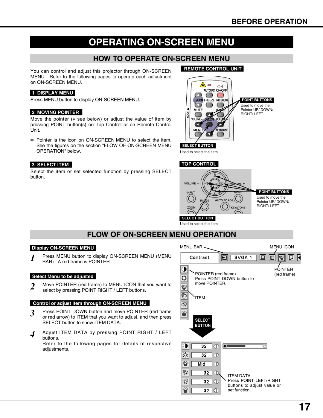 Christie Digital Systems 103-002001 user manual Operating ON-SCREEN Menu, HOW to Operate ON-SCREEN Menu 