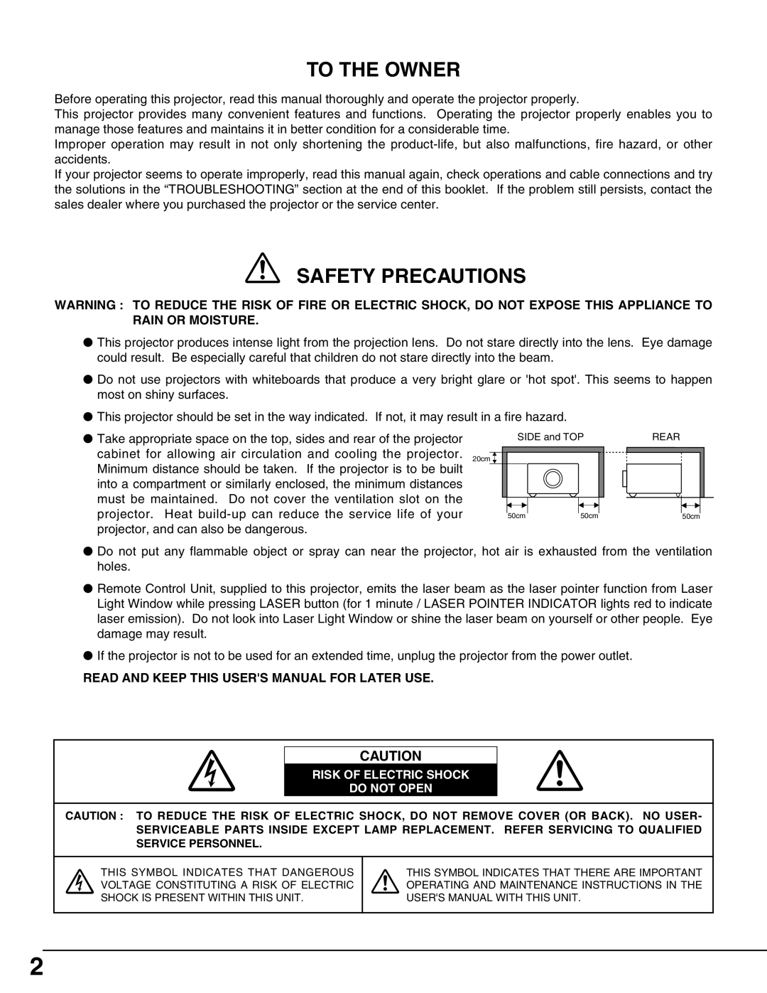 Christie Digital Systems 103-002001 user manual To the Owner 