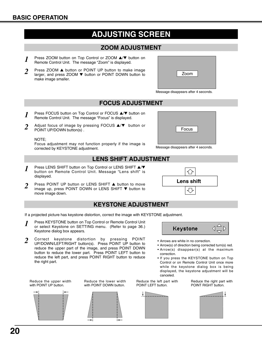 Christie Digital Systems 103-002001 user manual Adjusting Screen, Zoom Adjustment, Focus Adjustment, Keystone Adjustment 