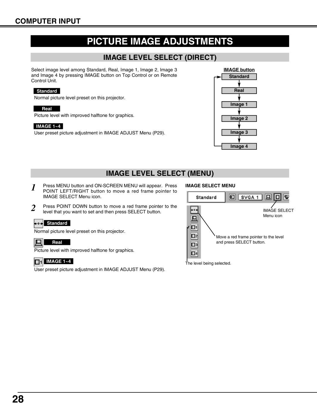 Christie Digital Systems 103-002001 Picture Image Adjustments, Image Level Select Direct, Image Level Select Menu 